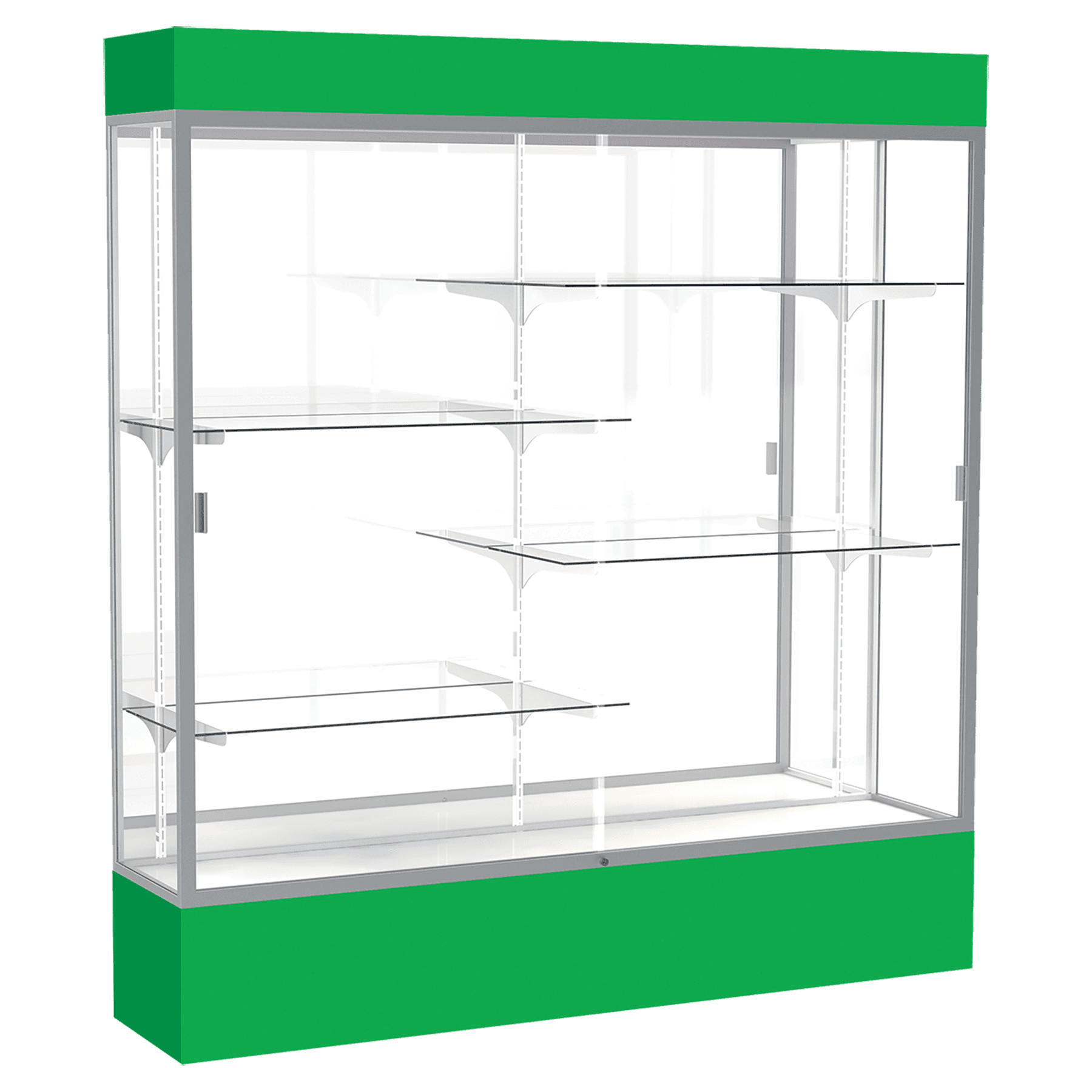 80"H x 72"W x 16"D Kelly Green Laminate Finish, Mirror Back, Satin Aluminum Frame, Lighted, Spirit Display Case