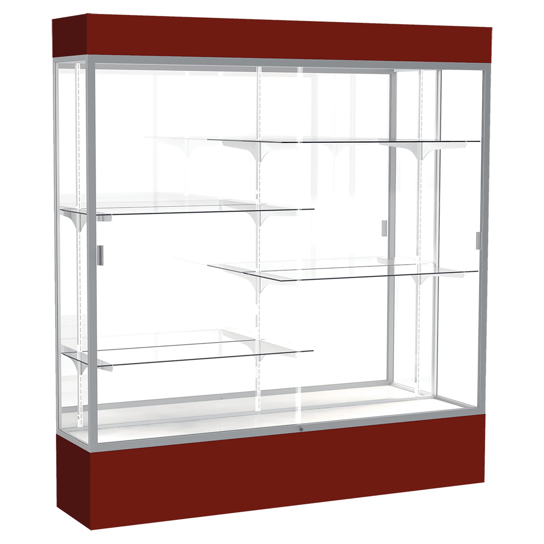 80"H x 72"W x 16"D Maroon Laminate Finish, Mirror Back, Satin Aluminum Frame, Lighted, Spirit Display Case