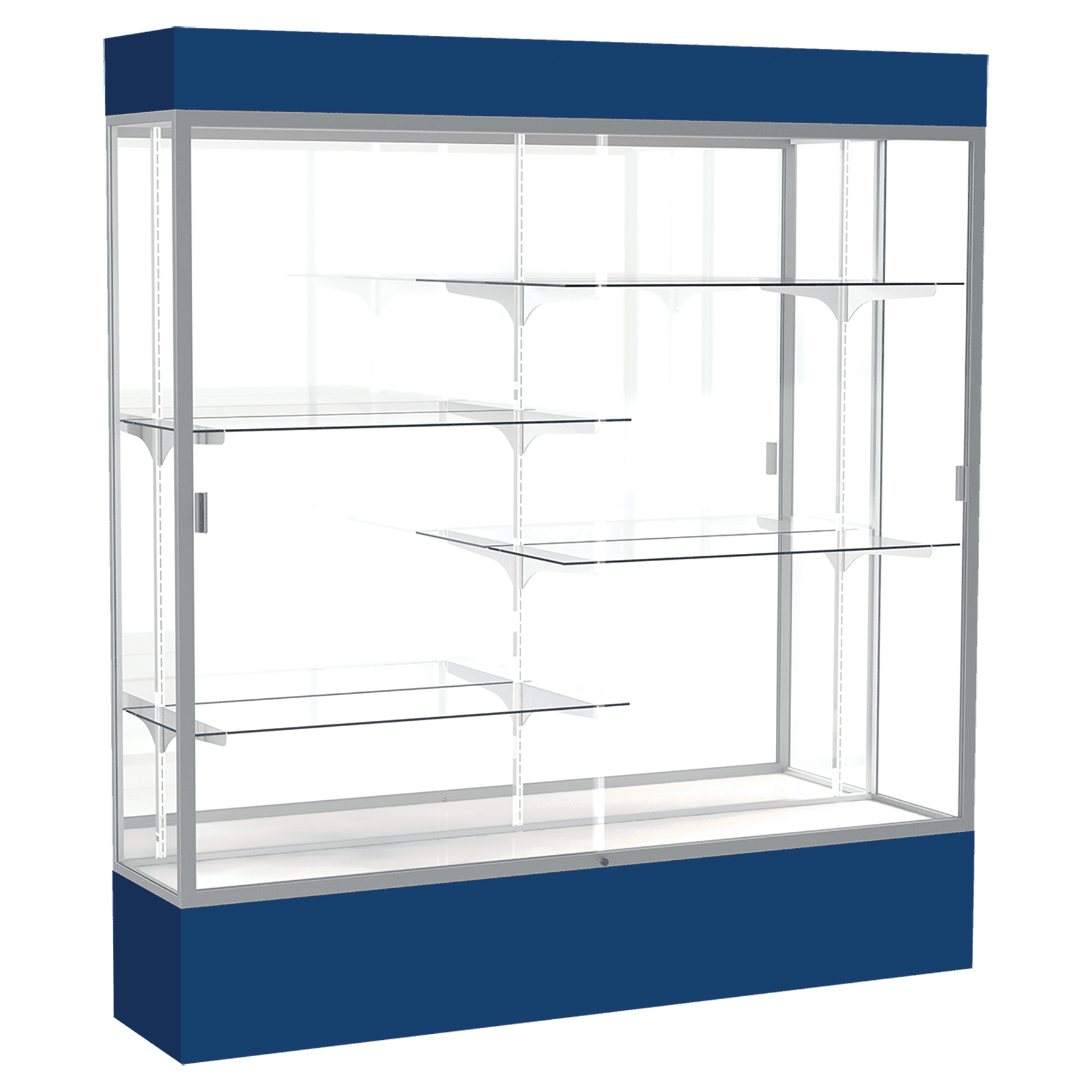 80"H x 72"W x 16"D Navy Laminate Finish, Mirror Back, Satin Aluminum Frame, Lighted, Spirit Display Case