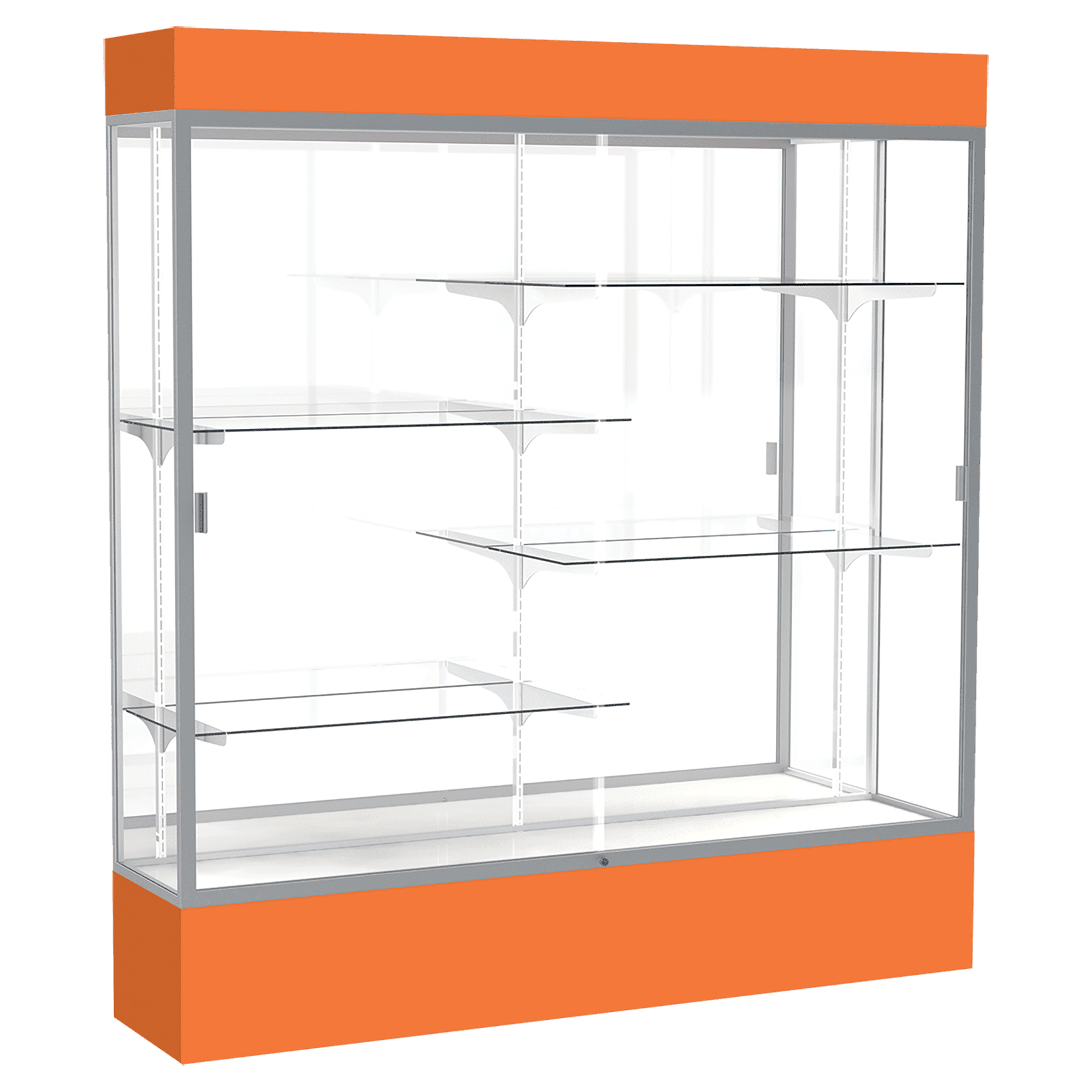 80"H x 72"W x 16"D Orange Laminate Finish, Mirror Back, Satin Aluminum Frame, Lighted, Spirit Display Case