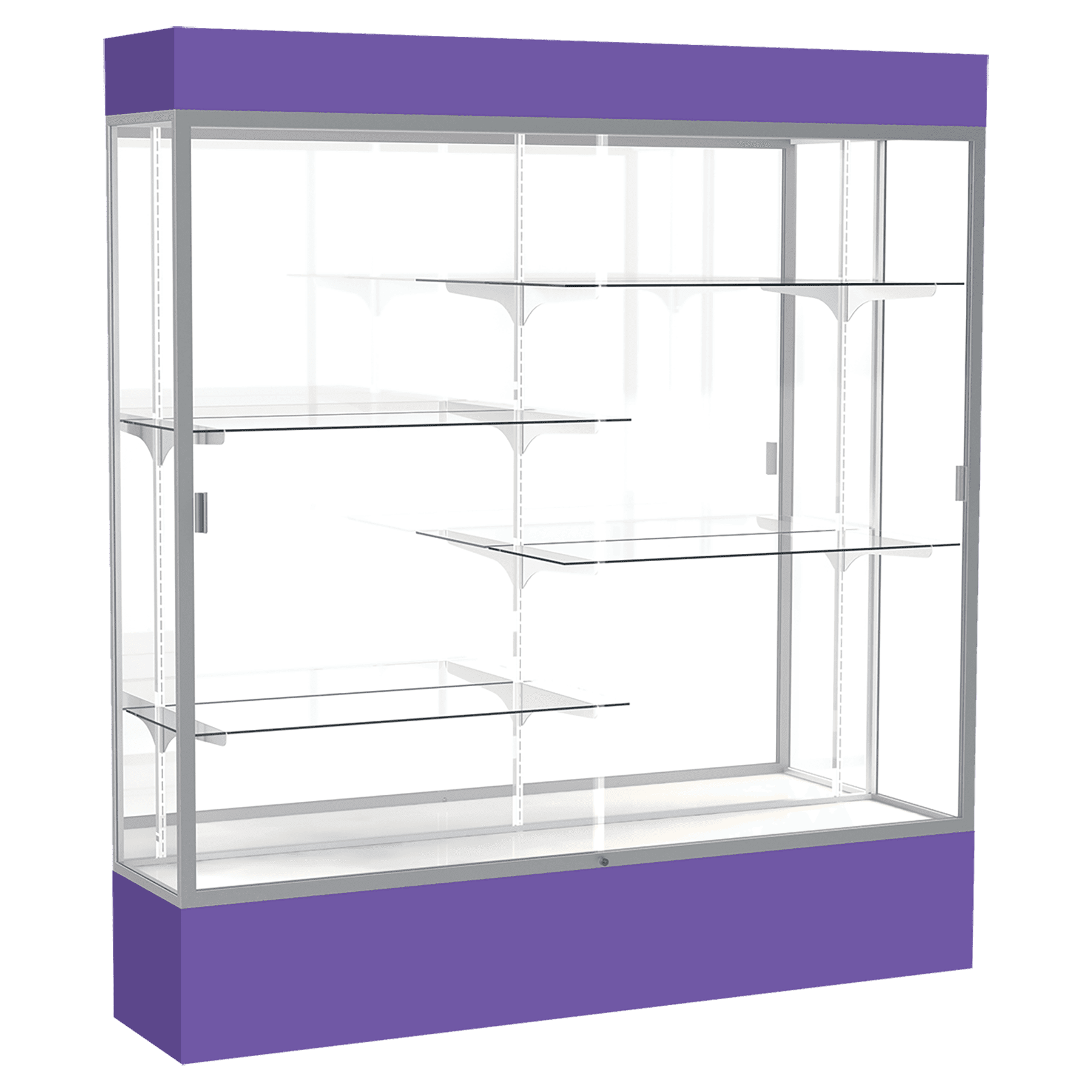 80"H x 72"W x 16"D Purple Laminate Finish, Mirror Back, Satin Aluminum Frame, Lighted, Spirit Display Case
