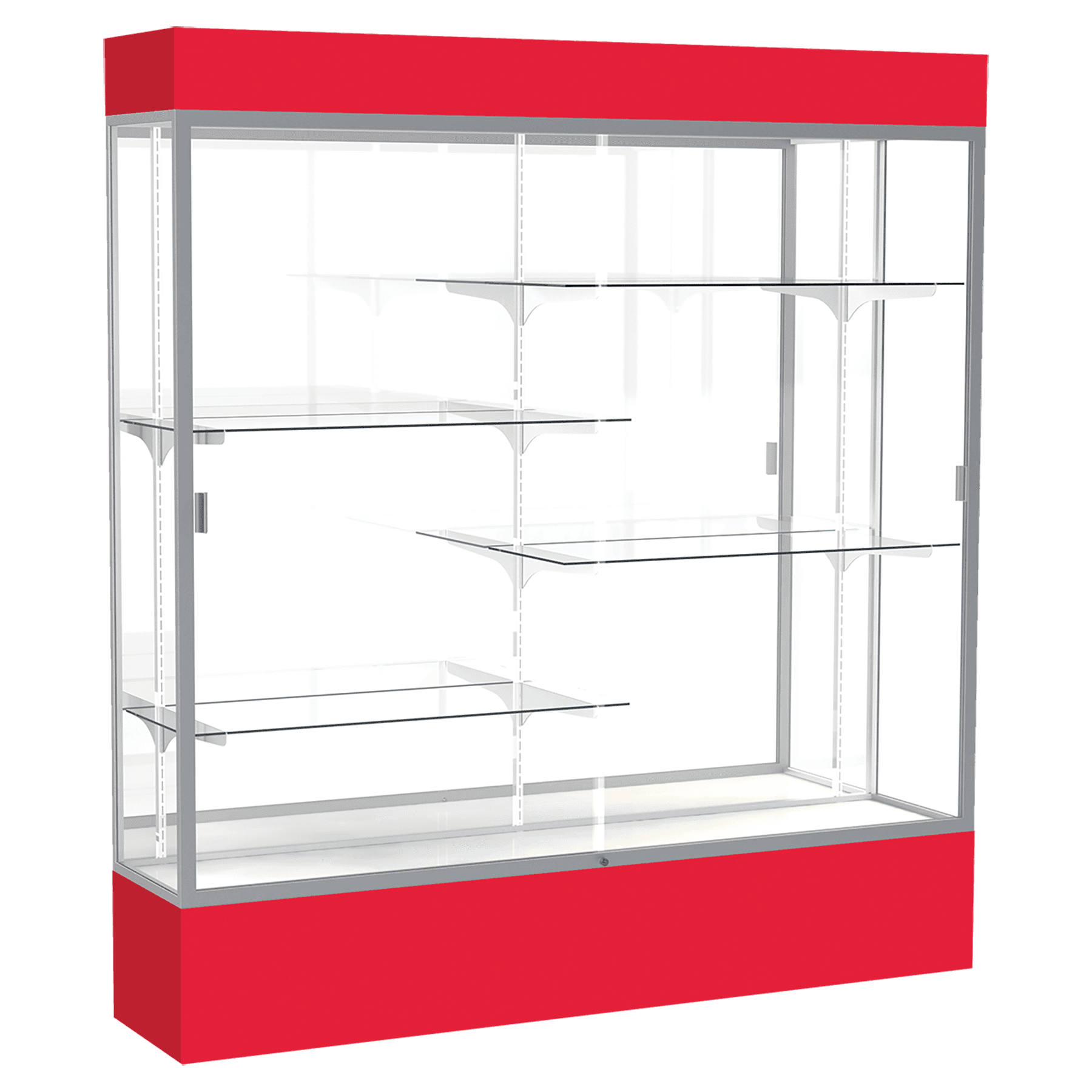 80"H x 72"W x 16"D Red Laminate Finish, Mirror Back, Satin Aluminum Frame, Lighted, Spirit Display Case