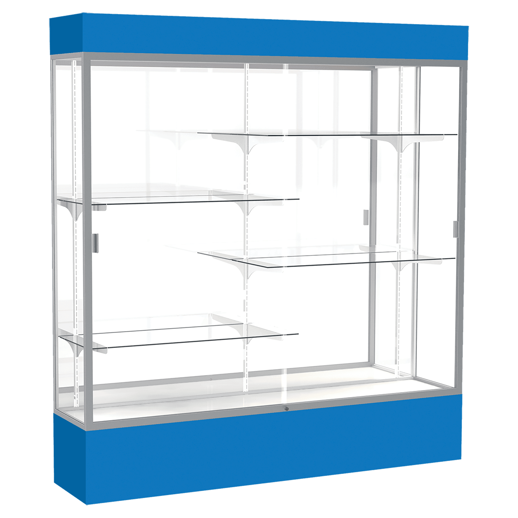 80"H x 72"W x 16"D Royal Blue Laminate Finish, Mirror Back, Satin Aluminum Frame, Lighted, Spirit Display Case