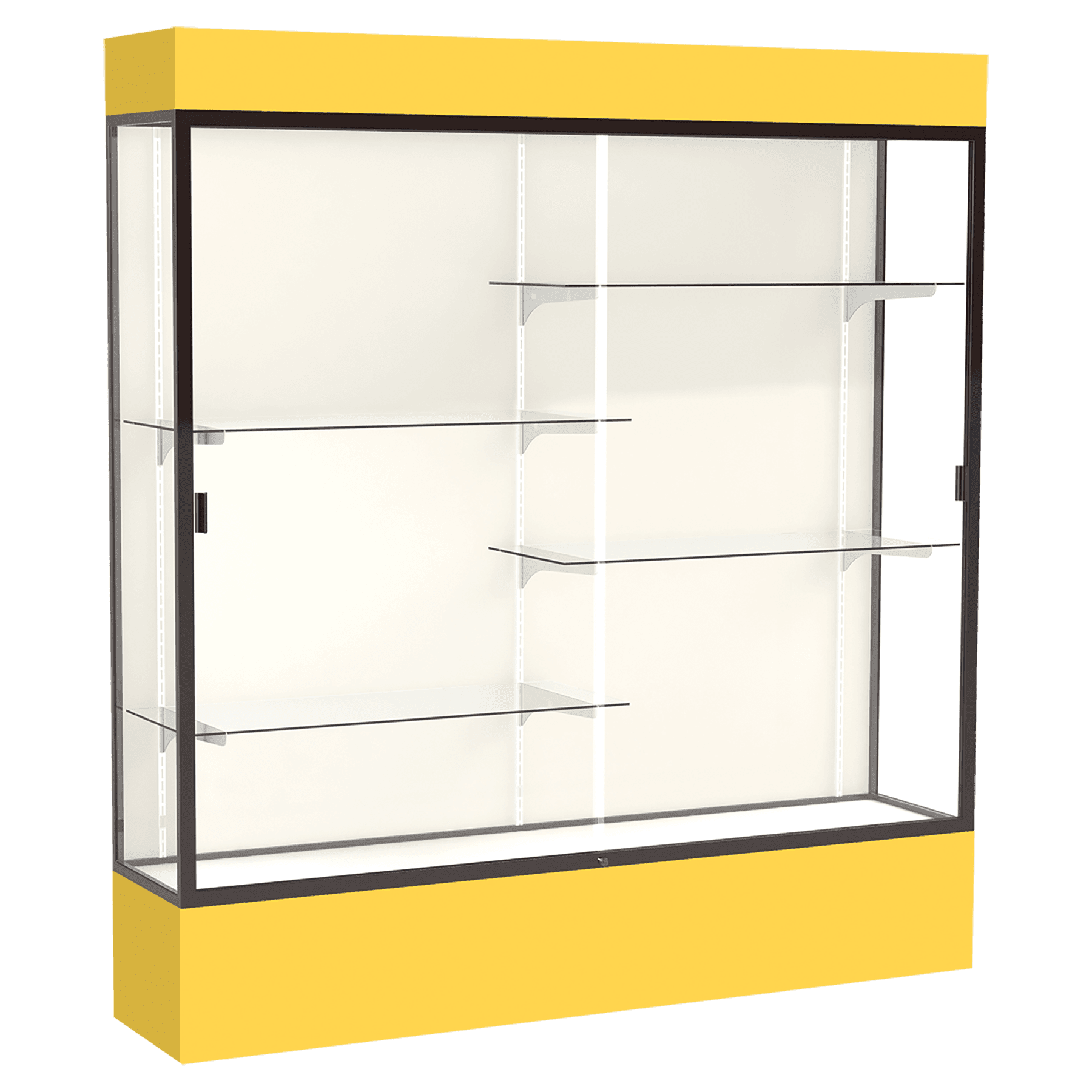 80"H x 72"W x 16"D Goldenrod Laminate Finish, Plaque Fabric Back, Bronze Aluminum Frame, Lighted, Spirit Display Case