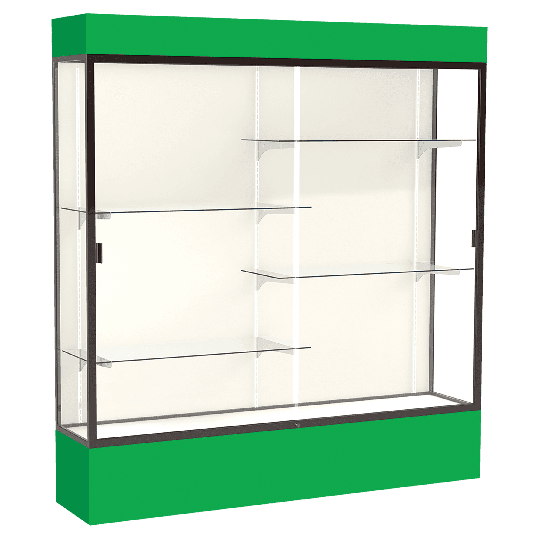 80"H x 72"W x 16"D Kelly Green Laminate Finish, Plaque Fabric Back, Bronze Aluminum Frame, Lighted, Spirit Display Case