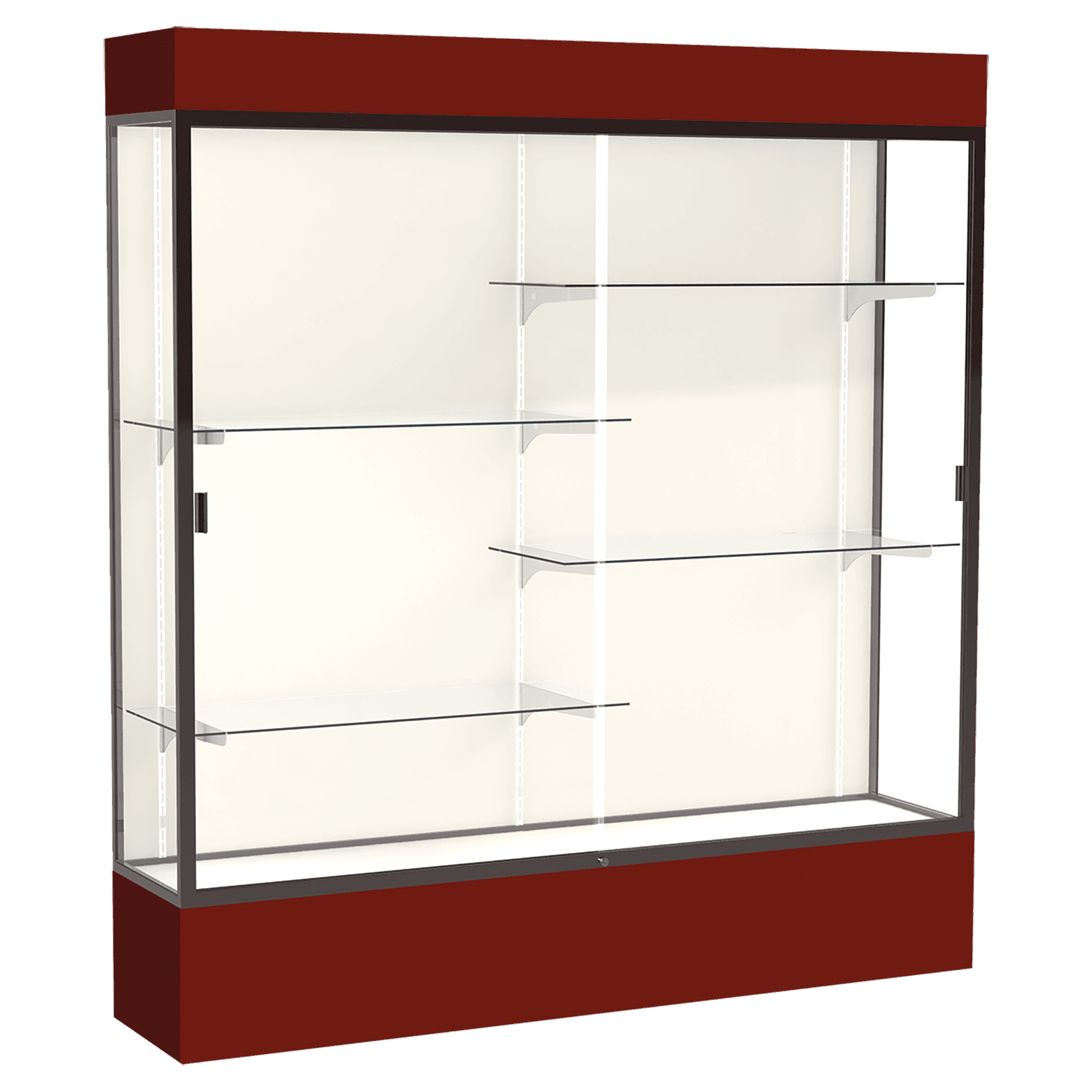 80"H x 72"W x 16"D Maroon Laminate Finish, Plaque Fabric Back, Bronze Aluminum Frame, Lighted, Spirit Display Case