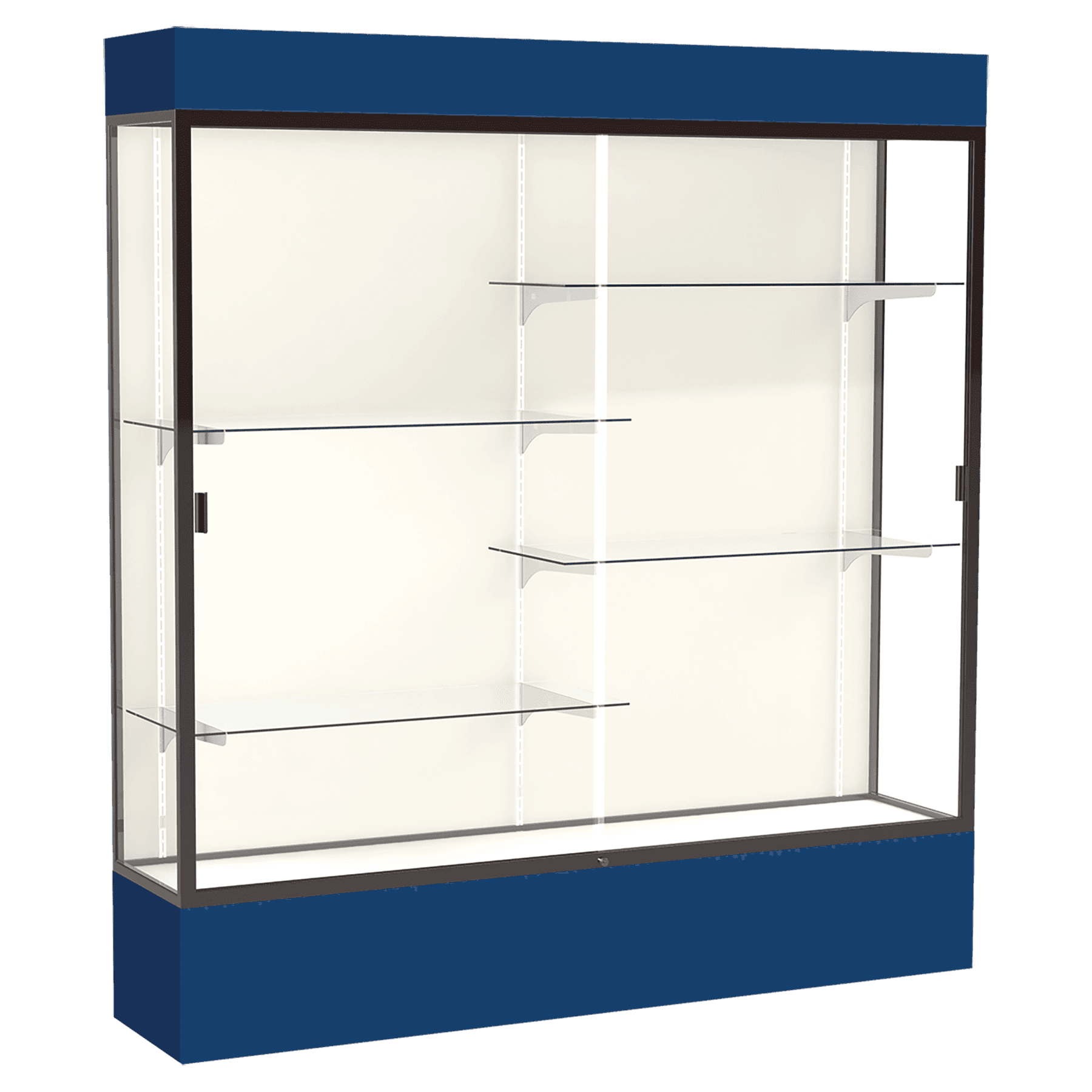 80"H x 72"W x 16"D Navy Laminate Finish, Plaque Fabric Back, Bronze Aluminum Frame, Lighted, Spirit Display Case