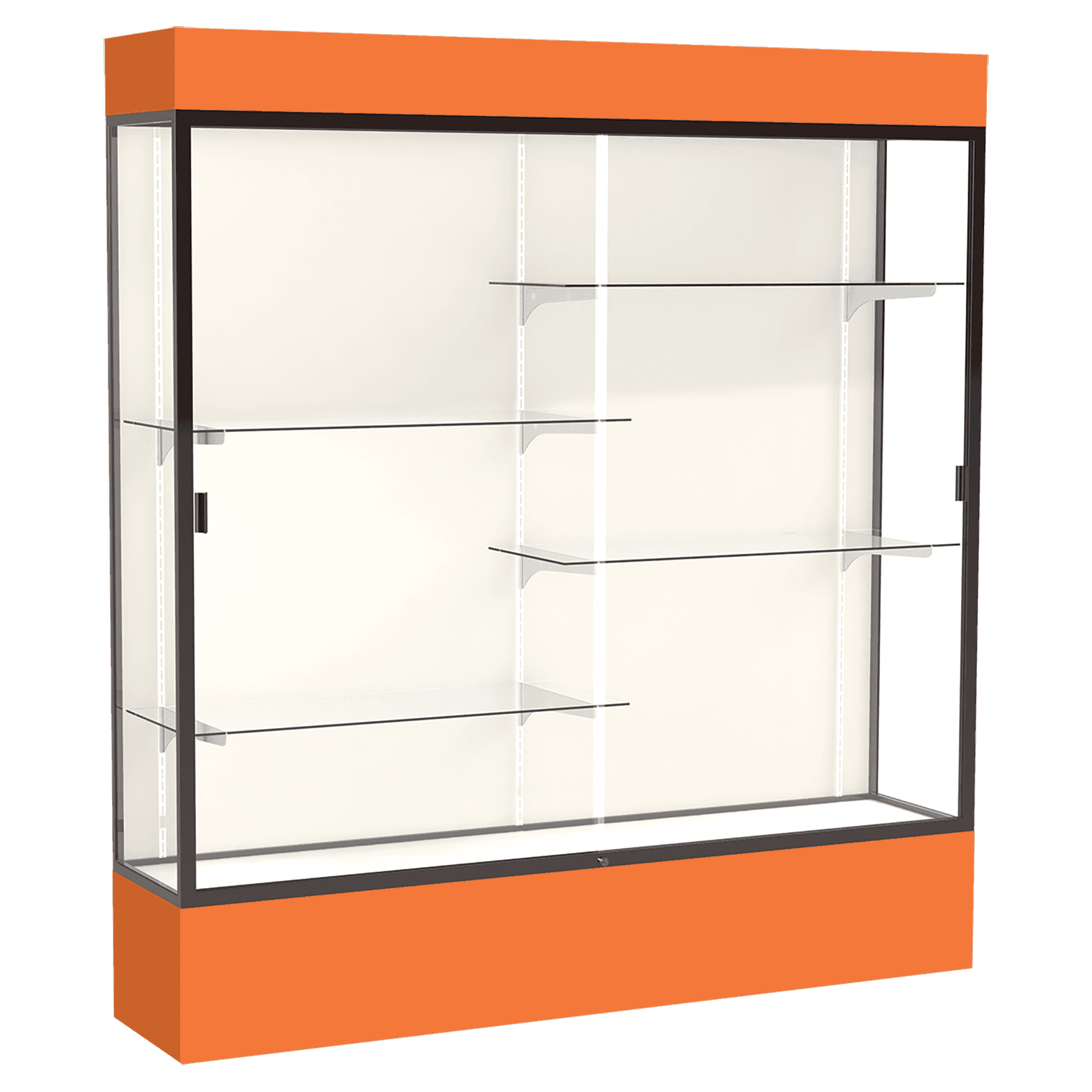 80"H x 72"W x 16"D Orange Laminate Finish, Plaque Fabric Back, Bronze Aluminum Frame, Lighted, Spirit Display Case