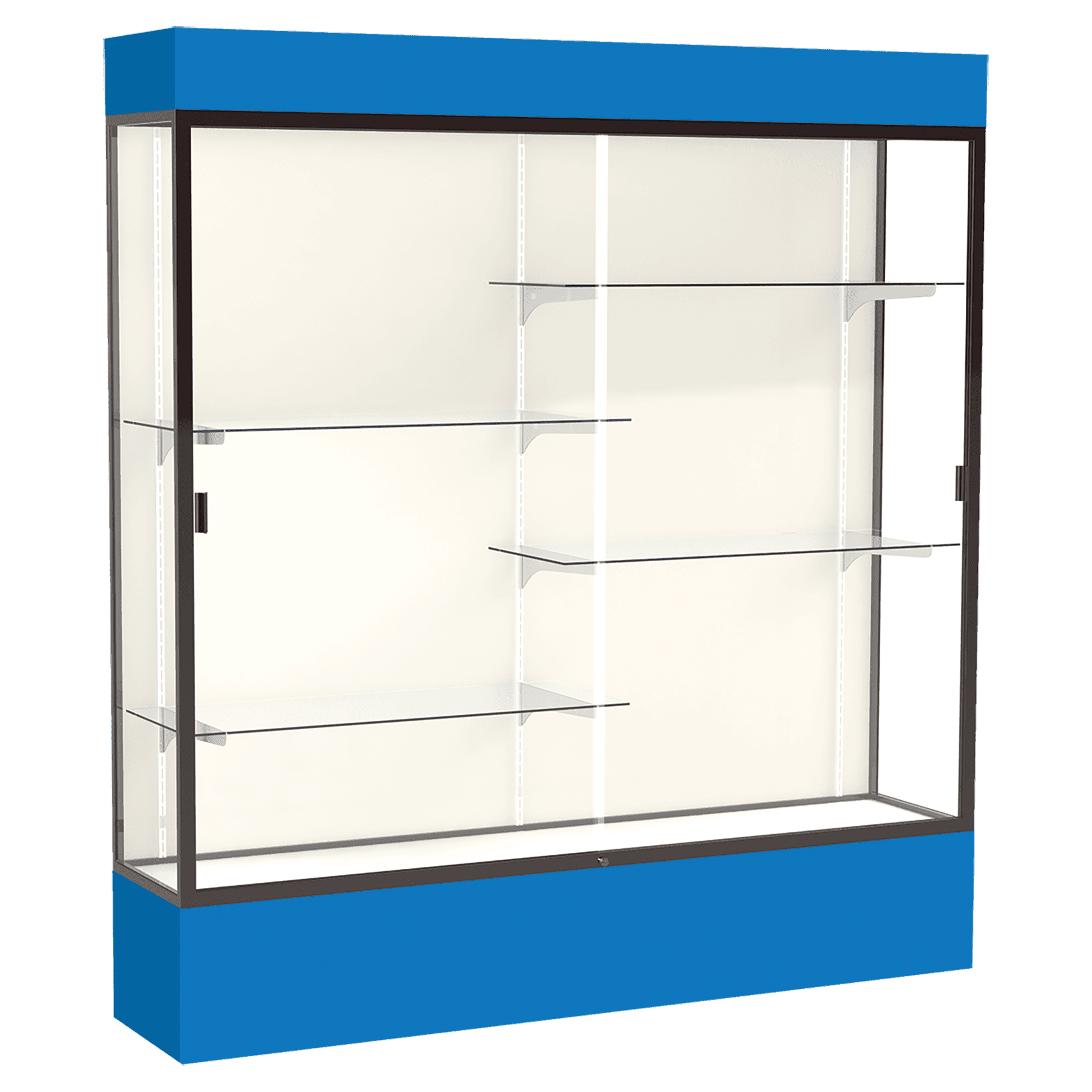 80"H x 72"W x 16"D Royal Blue Laminate Finish, Plaque Fabric Back, Bronze Aluminum Frame, Lighted, Spirit Display Case