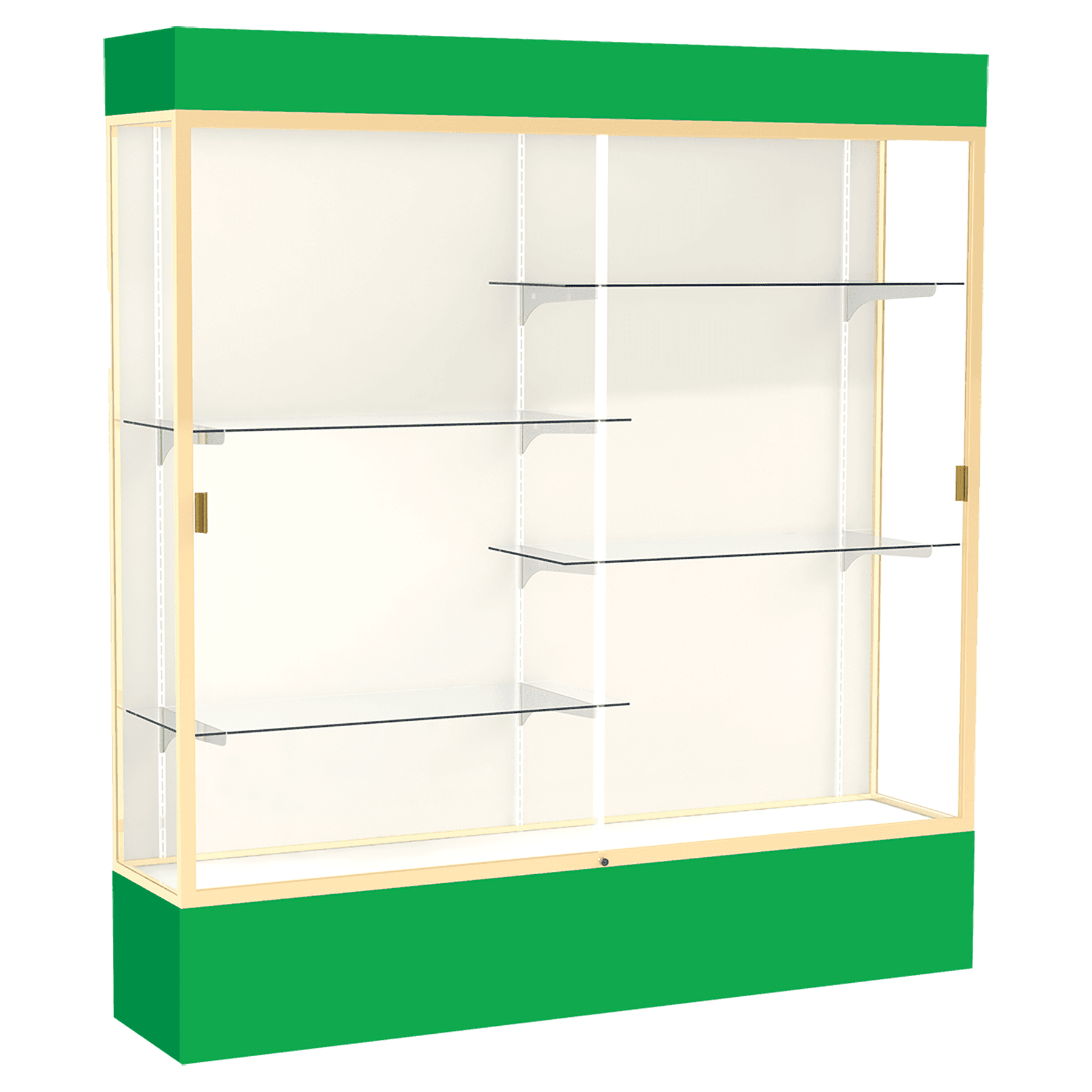 80"H x 72"W x 16"D Kelly Green Laminate Finish, Plaque Fabric Back, Champagne Aluminum Frame, Lighted, Spirit Display Case