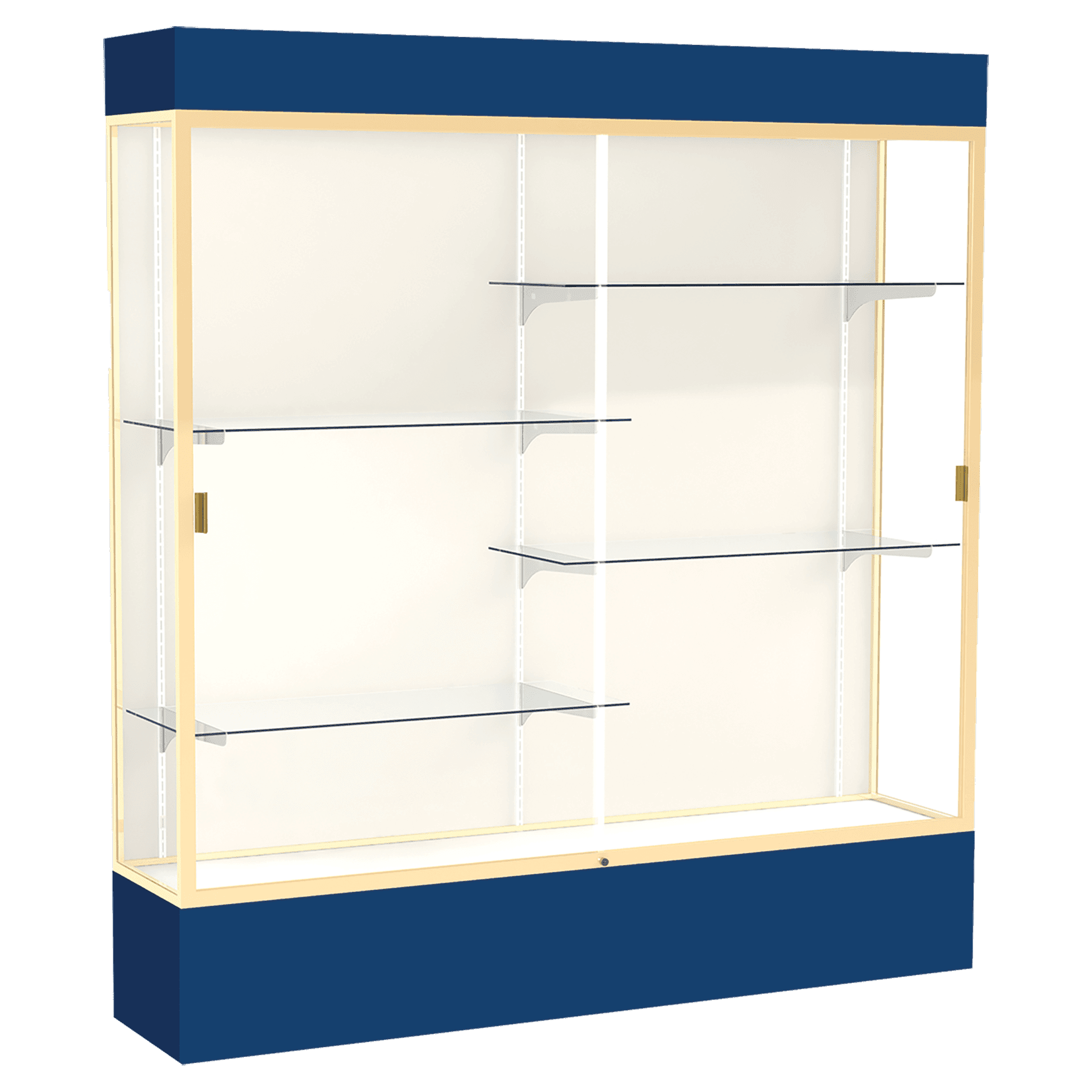 80"H x 72"W x 16"D Navy Laminate Finish, Plaque Fabric Back, Champagne Aluminum Frame, Lighted, Spirit Display Case