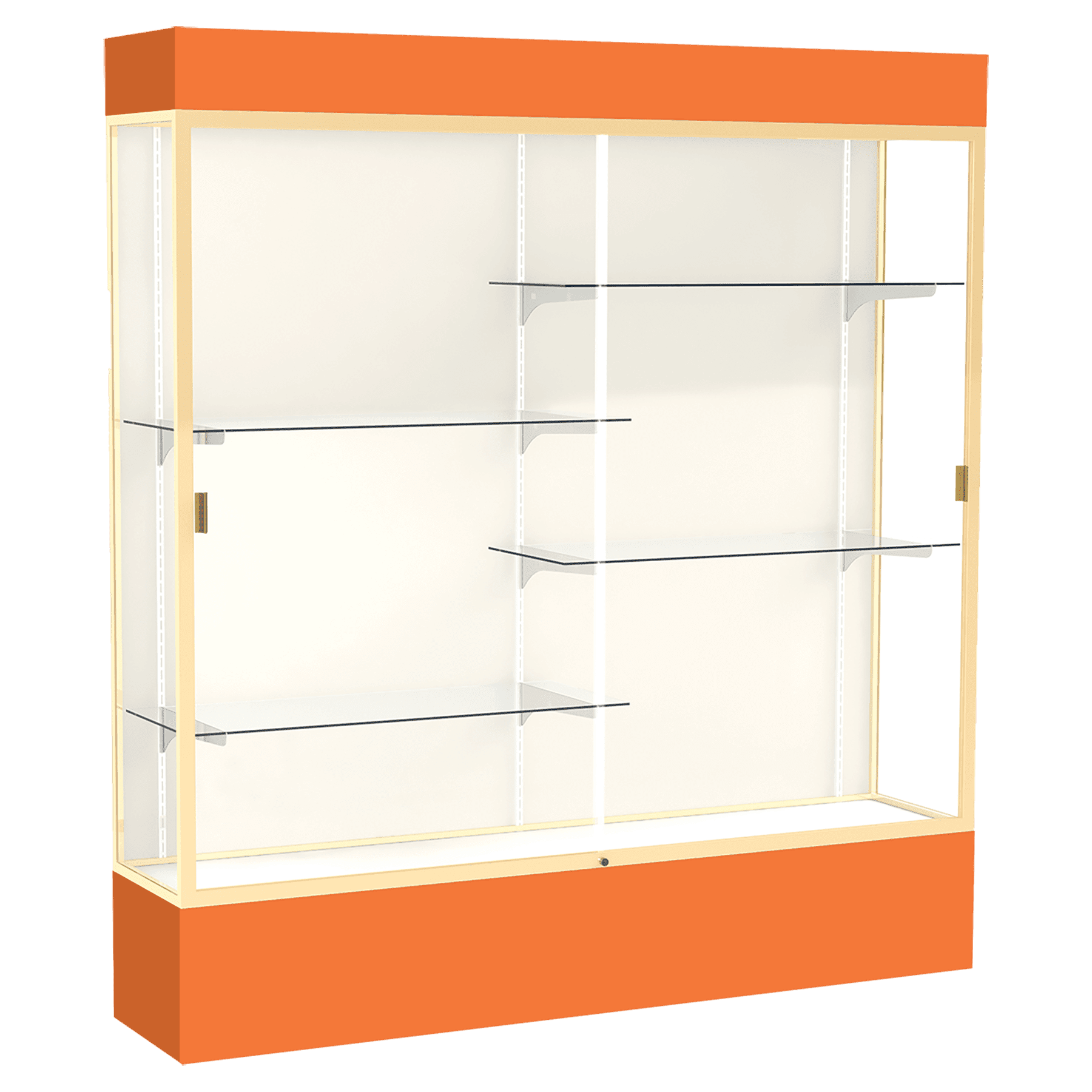 80"H x 72"W x 16"D Orange Laminate Finish, Plaque Fabric Back, Champagne Aluminum Frame, Lighted, Spirit Display Case