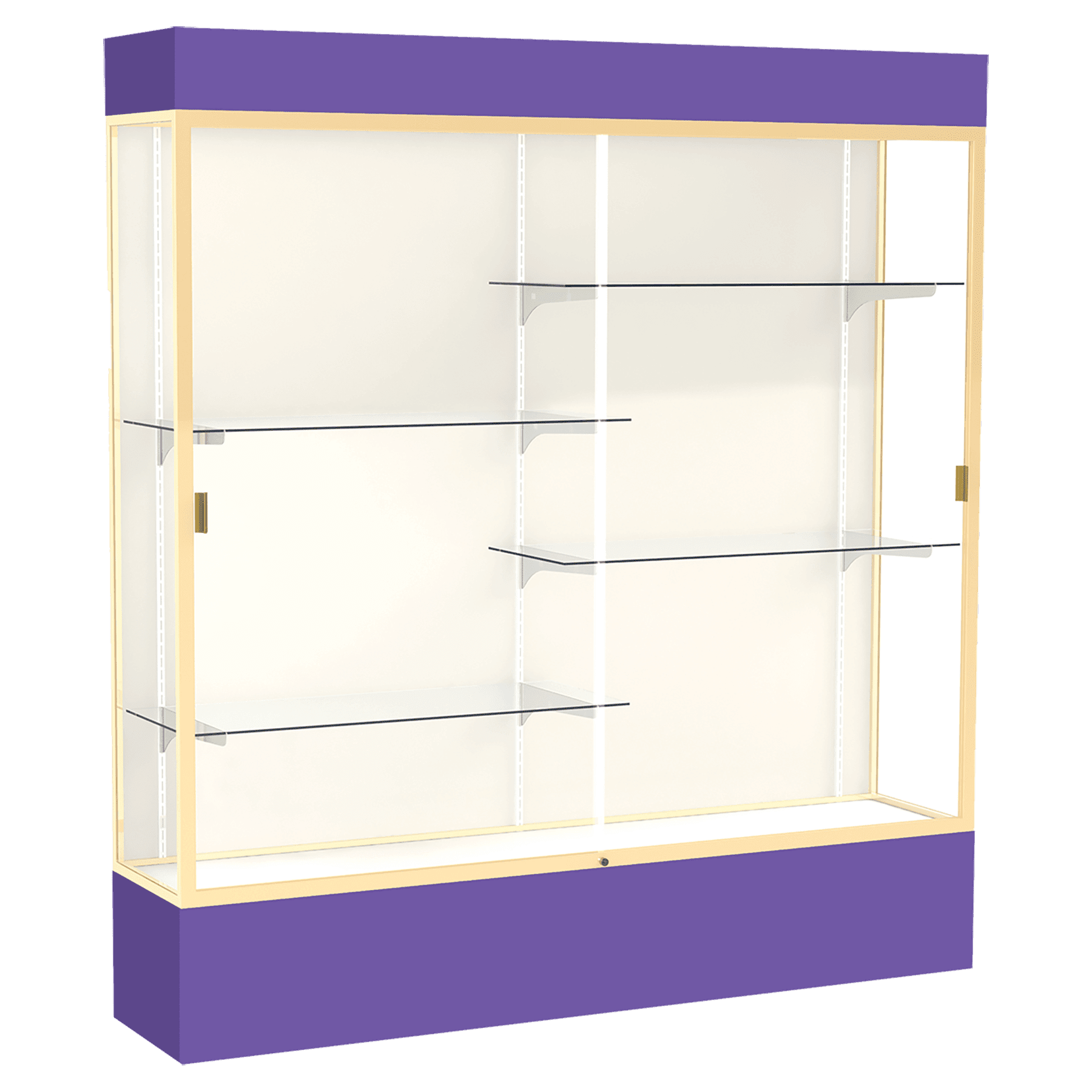 80"H x 72"W x 16"D Purple Laminate Finish, Plaque Fabric Back, Champagne Aluminum Frame, Lighted, Spirit Display Case