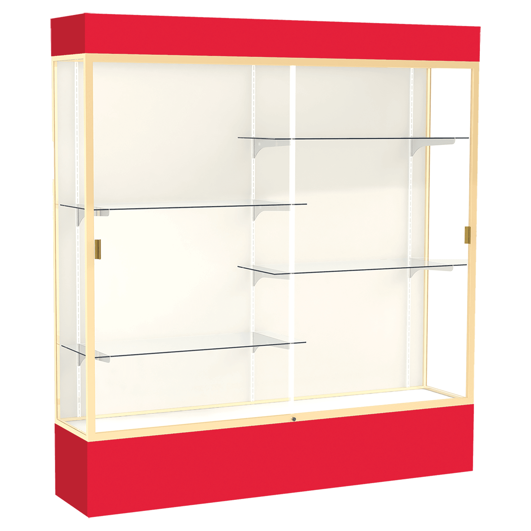 80"H x 72"W x 16"D Red Laminate Finish, Plaque Fabric Back, Champagne Aluminum Frame, Lighted, Spirit Display Case