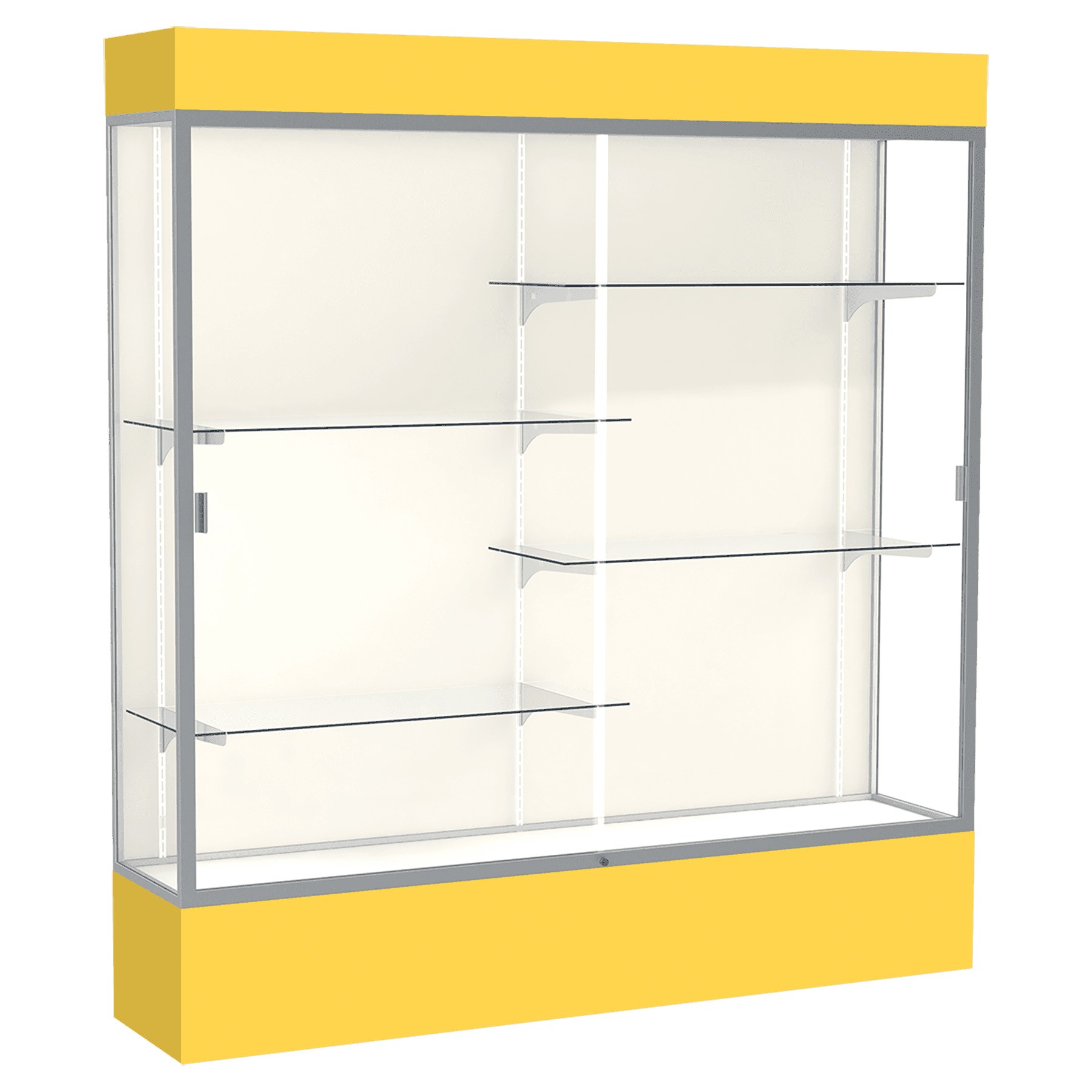 80"H x 72"W x 16"D Goldenrod Laminate Finish, Plaque Fabric Back, Satin Aluminum Frame, Lighted, Spirit Display Case
