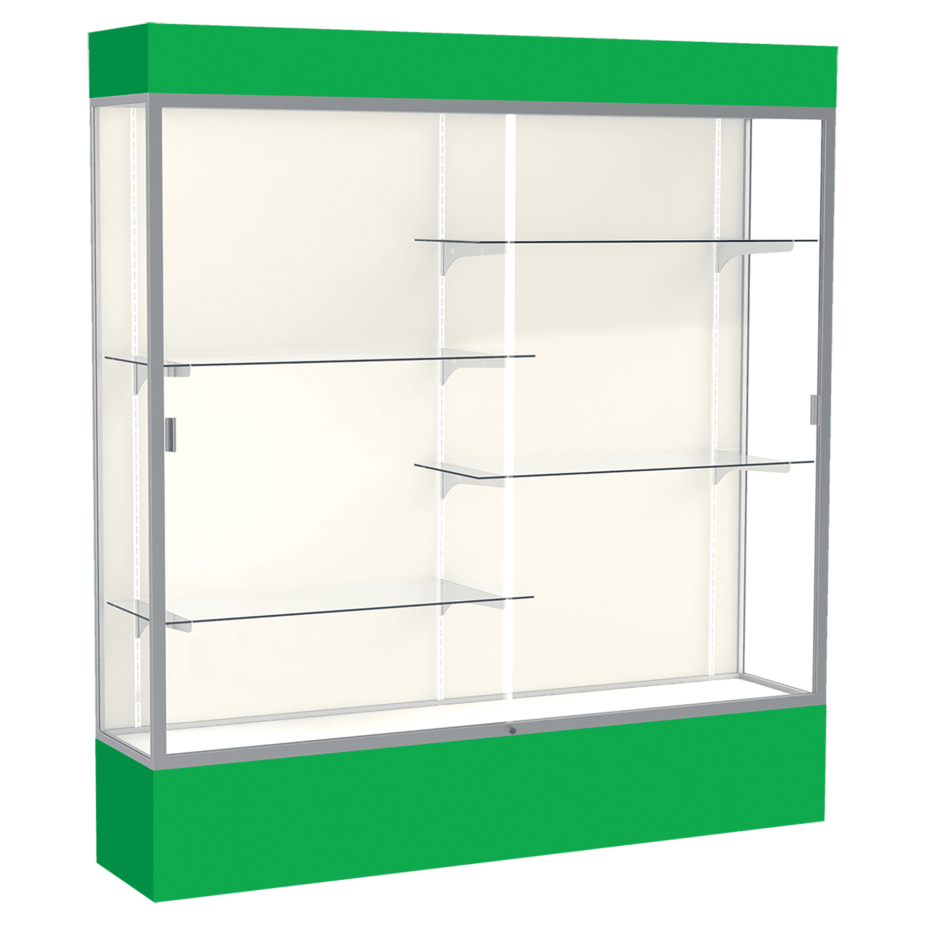 80"H x 72"W x 16"D Kelly Green Laminate Finish, Plaque Fabric Back, Satin Aluminum Frame, Lighted, Spirit Display Case
