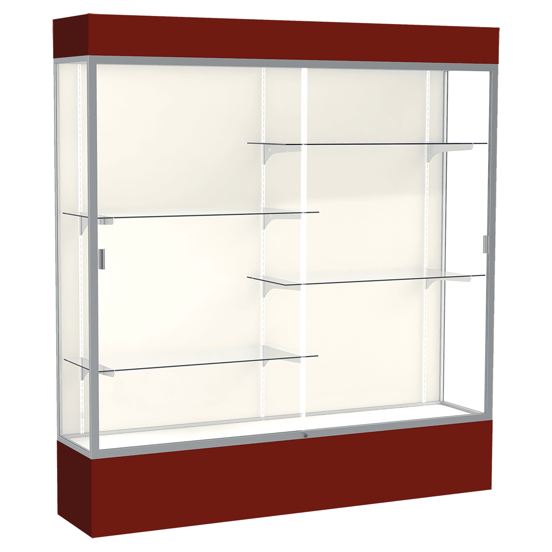 80"H x 72"W x 16"D Maroon Laminate Finish, Plaque Fabric Back, Satin Aluminum Frame, Lighted, Spirit Display Case