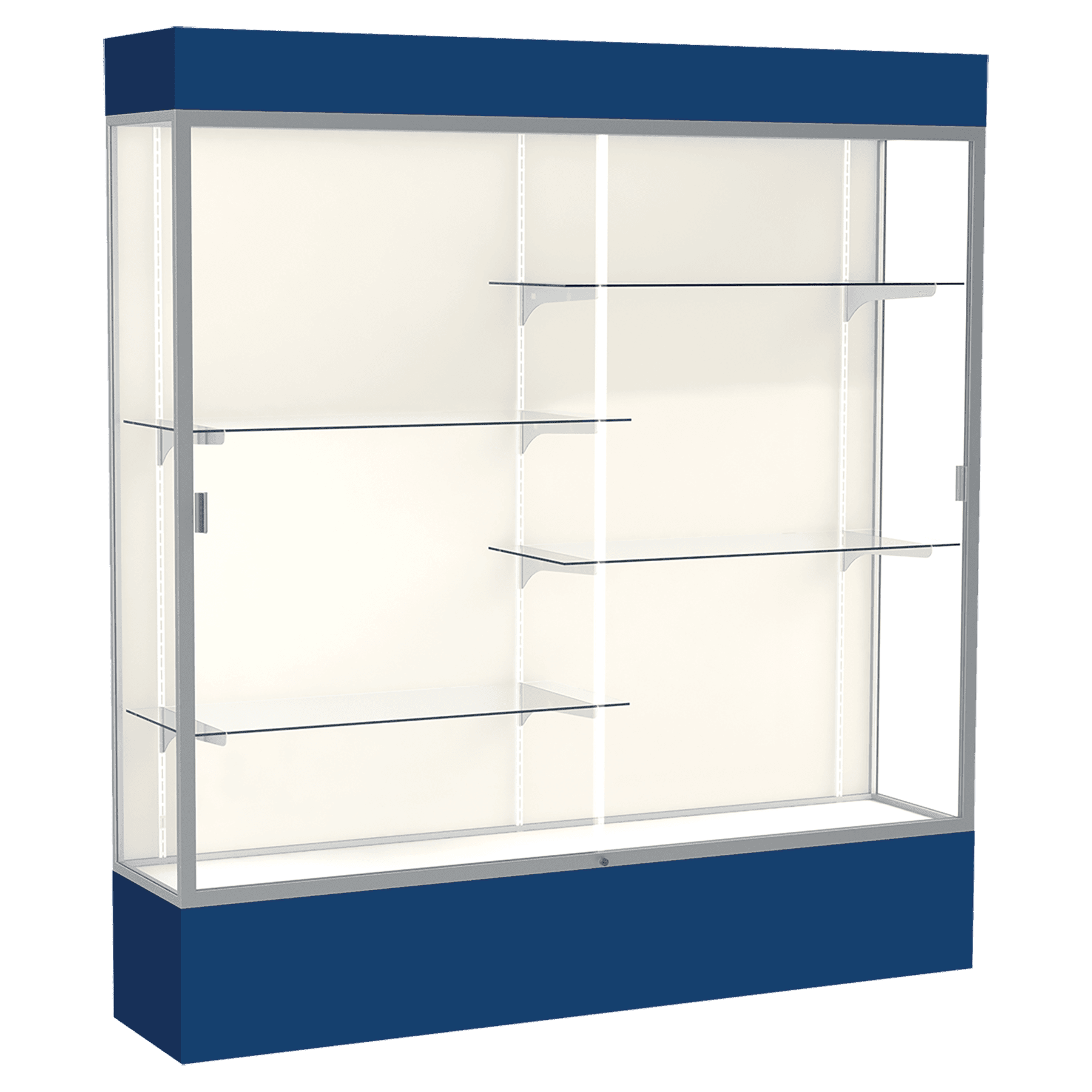 80"H x 72"W x 16"D Navy Laminate Finish, Plaque Fabric Back, Satin Aluminum Frame, Lighted, Spirit Display Case
