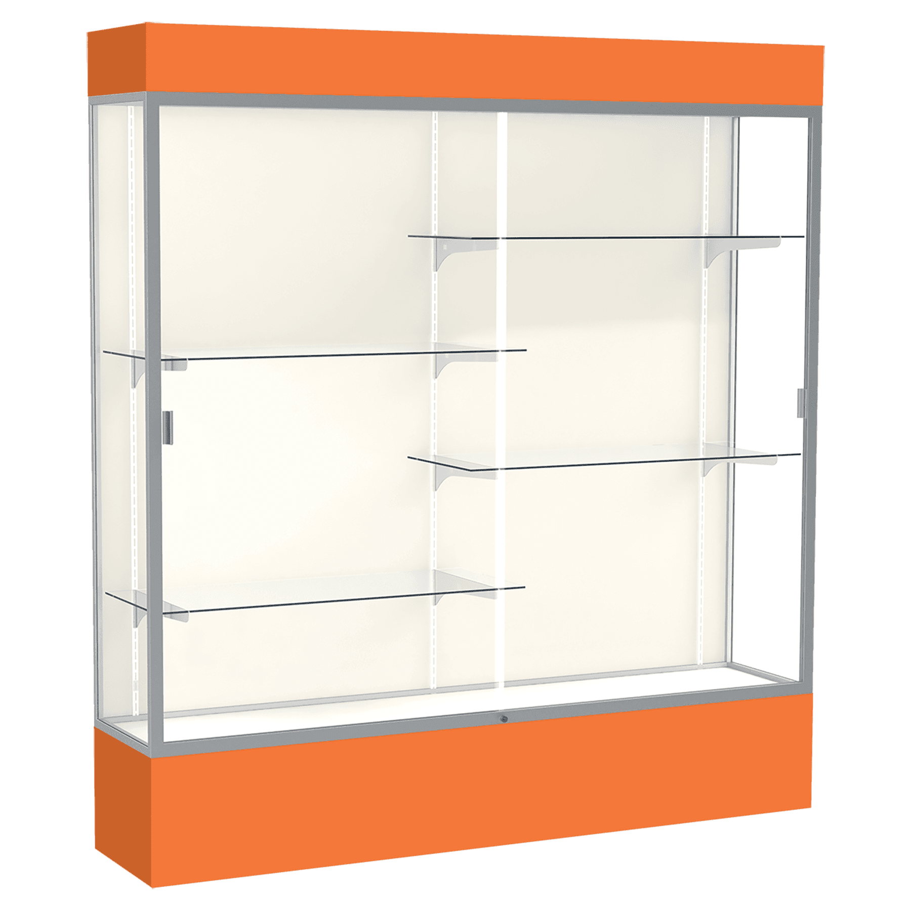 80"H x 72"W x 16"D Orange Laminate Finish, Plaque Fabric Back, Satin Aluminum Frame, Lighted, Spirit Display Case