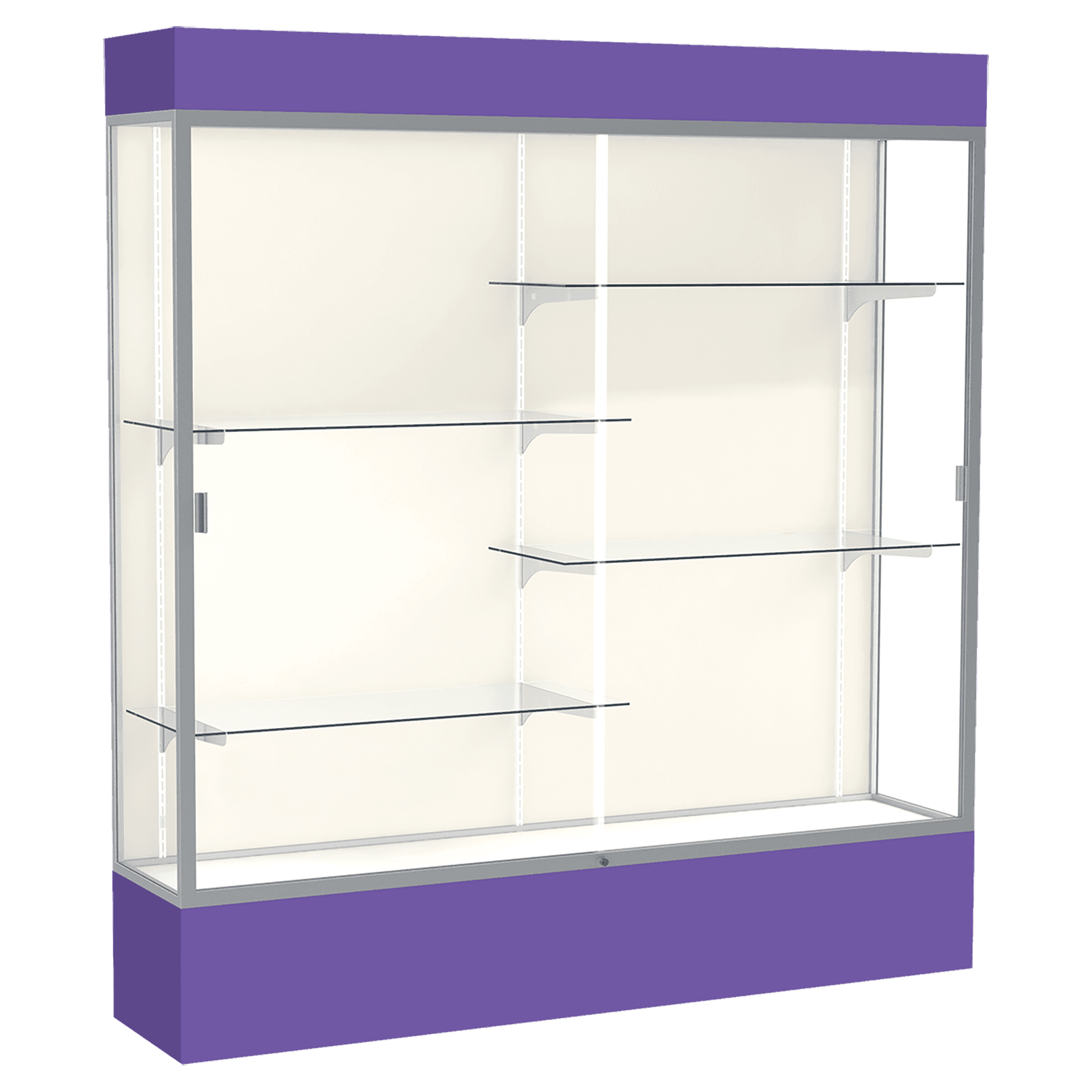 80"H x 72"W x 16"D Purple Laminate Finish, Plaque Fabric Back, Satin Aluminum Frame, Lighted, Spirit Display Case