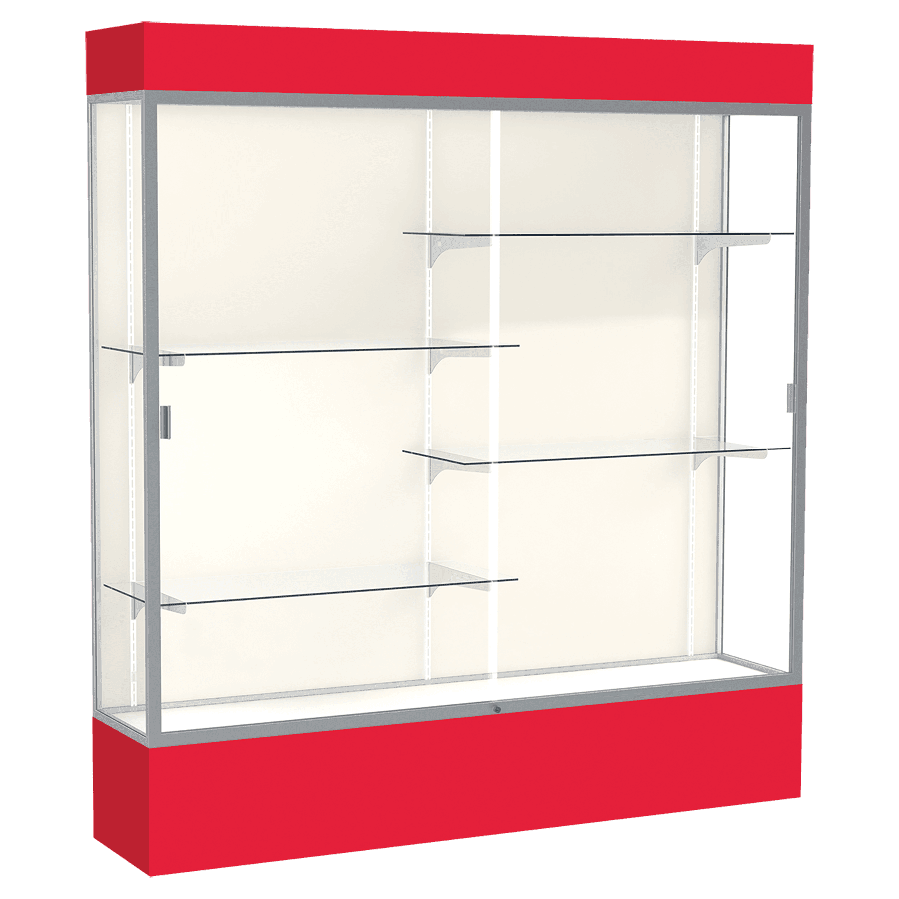 80"H x 72"W x 16"D Red Laminate Finish, Plaque Fabric Back, Satin Aluminum Frame, Lighted, Spirit Display Case