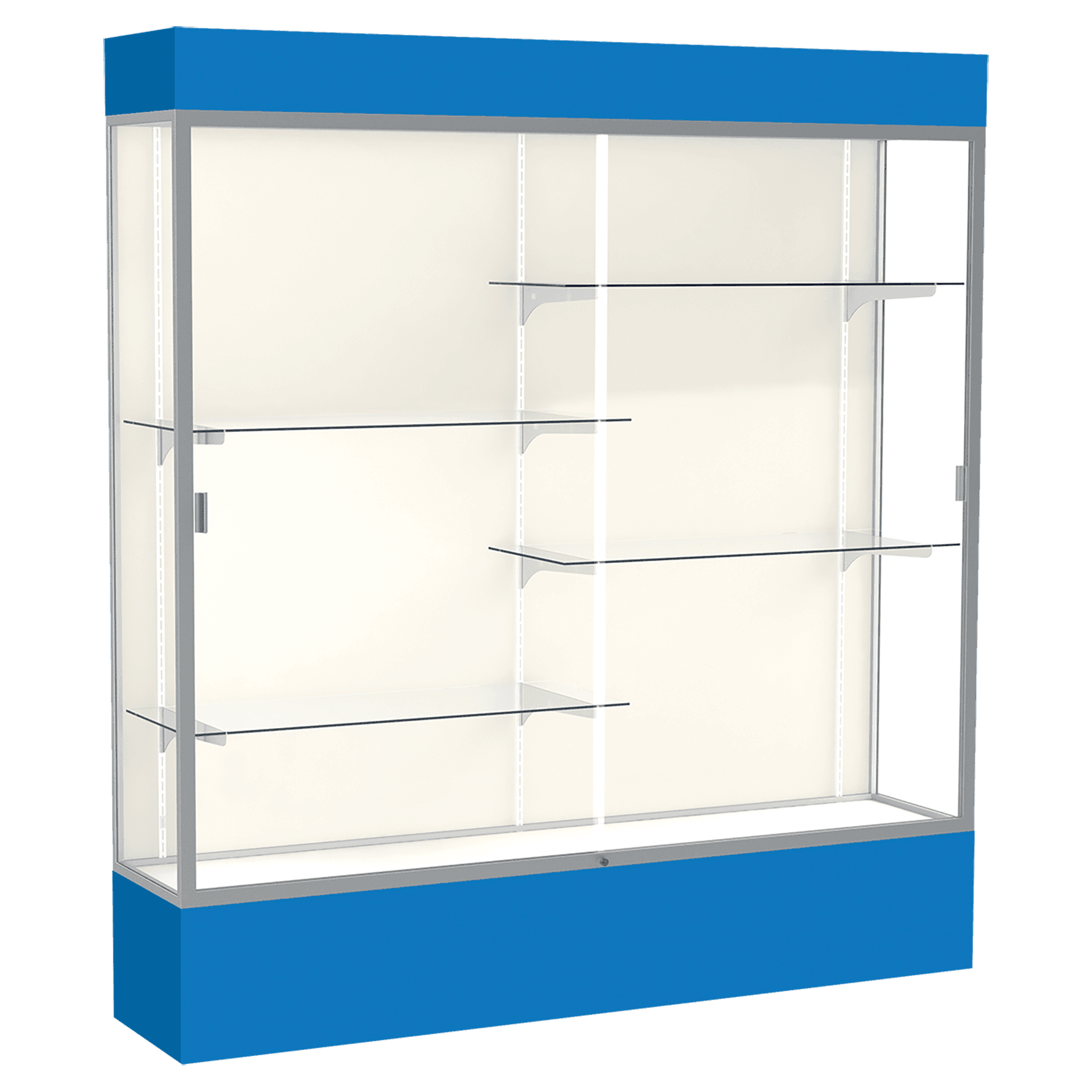 80"H x 72"W x 16"D Royal Blue Laminate Finish, Plaque Fabric Back, Satin Aluminum Frame, Lighted, Spirit Display Case