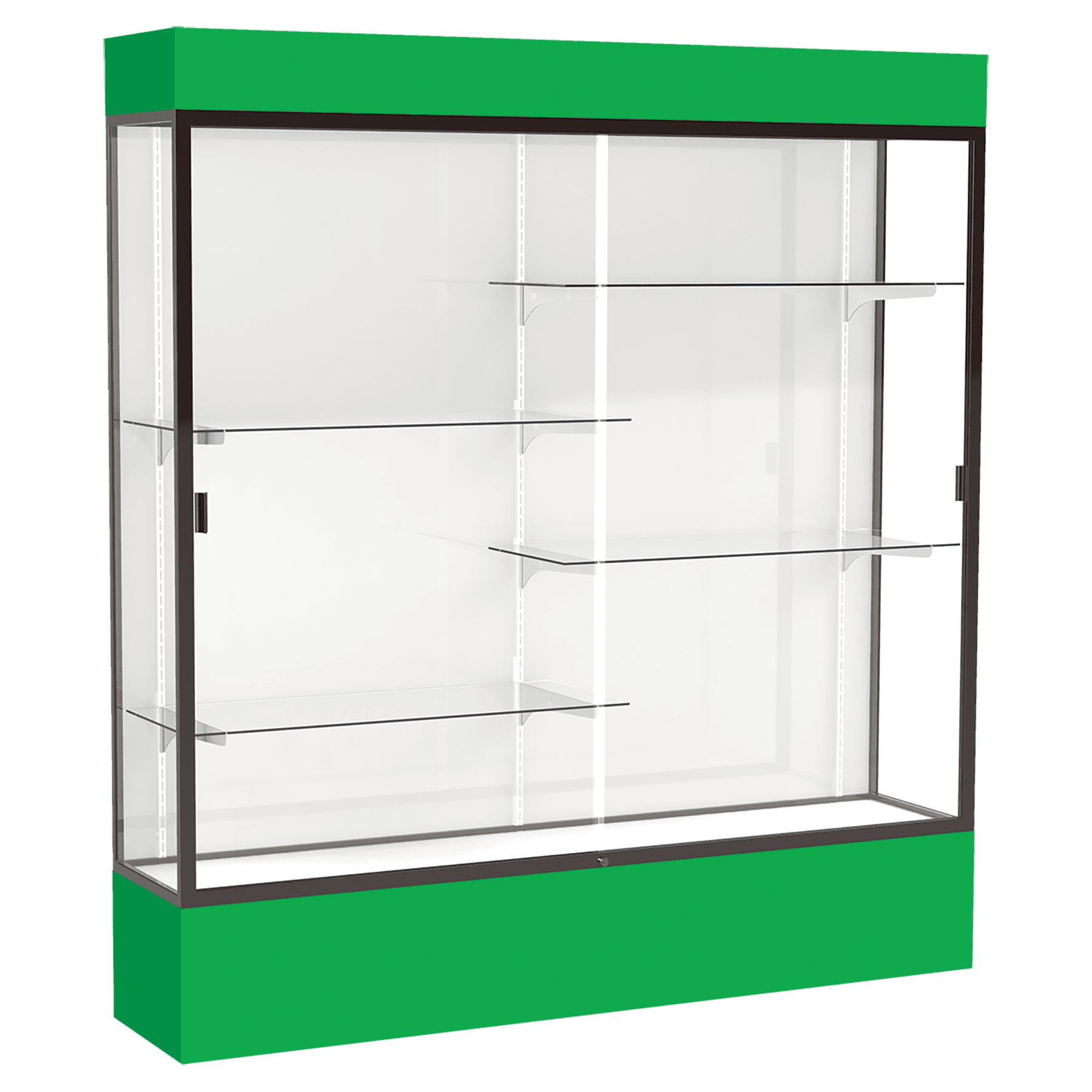 80"H x 72"W x 16"D Kelly Green Laminate Finish, White Laminate Finish Back, Bronze Aluminum Frame, Lighted, Spirit Display Case