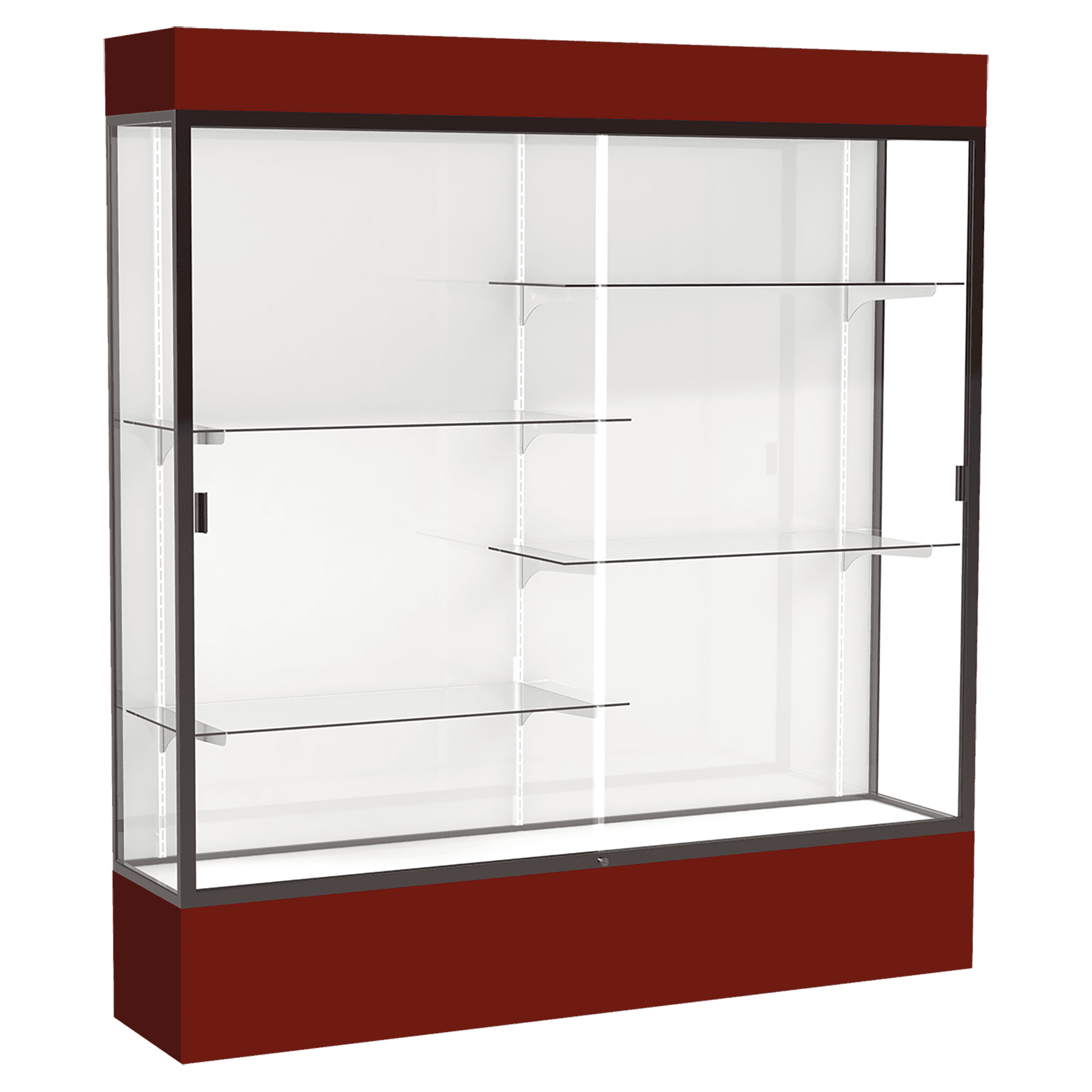 80"H x 72"W x 16"D Maroon Laminate Finish, White Laminate Finish Back, Bronze Aluminum Frame, Lighted, Spirit Display Case