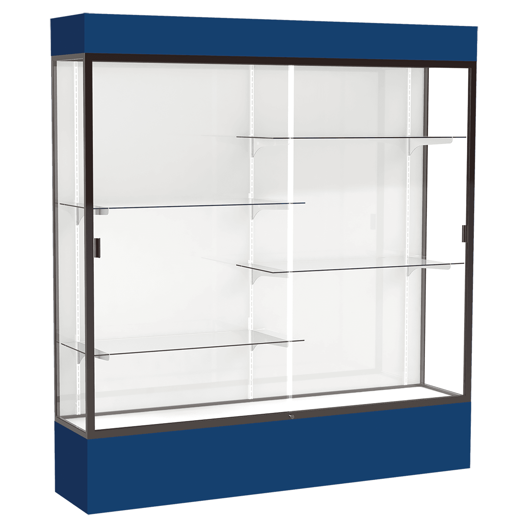 80"H x 72"W x 16"D Navy Laminate Finish, White Laminate Finish Back, Bronze Aluminum Frame, Lighted, Spirit Display Case