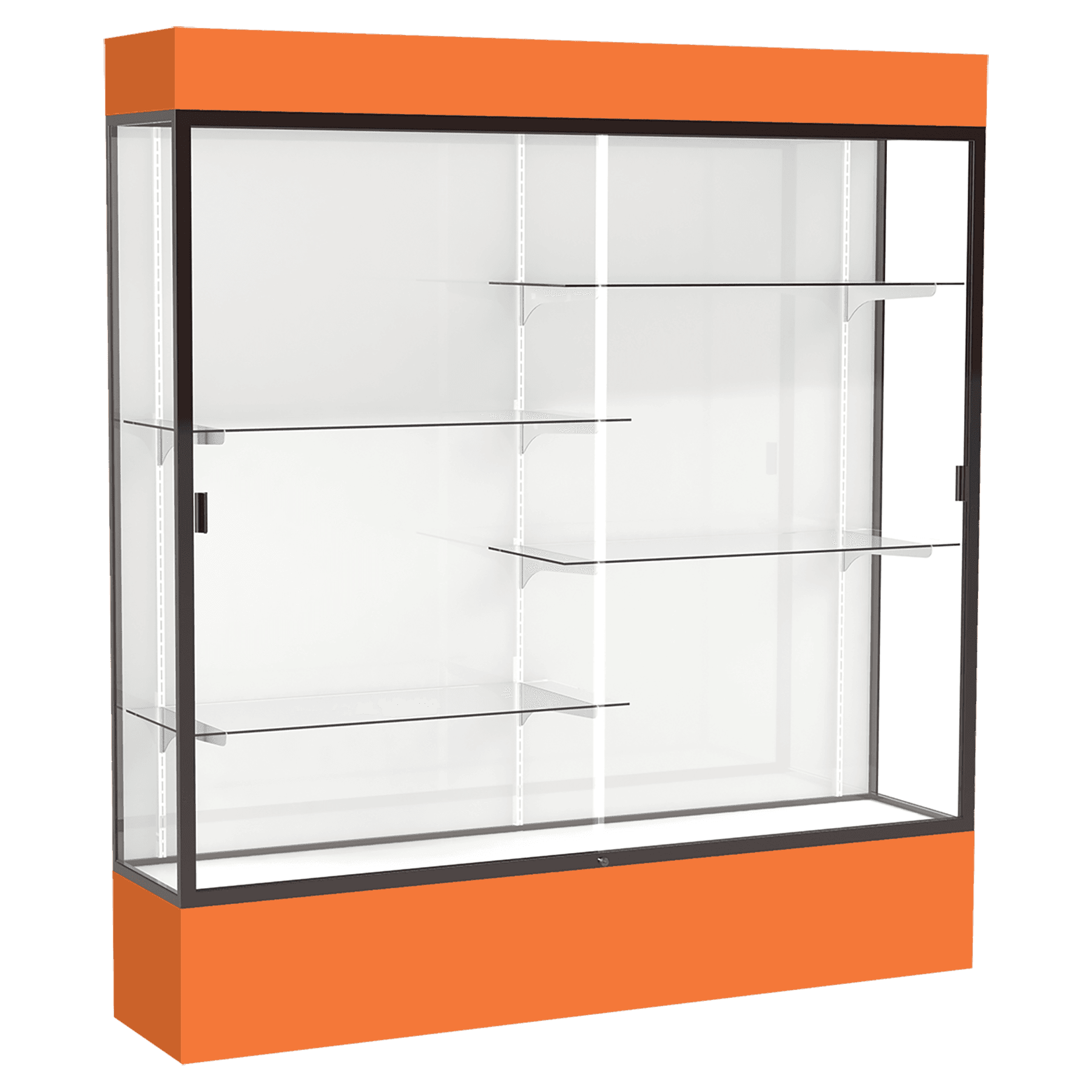 80"H x 72"W x 16"D Orange Laminate Finish, White Laminate Finish Back, Bronze Aluminum Frame, Lighted, Spirit Display Case
