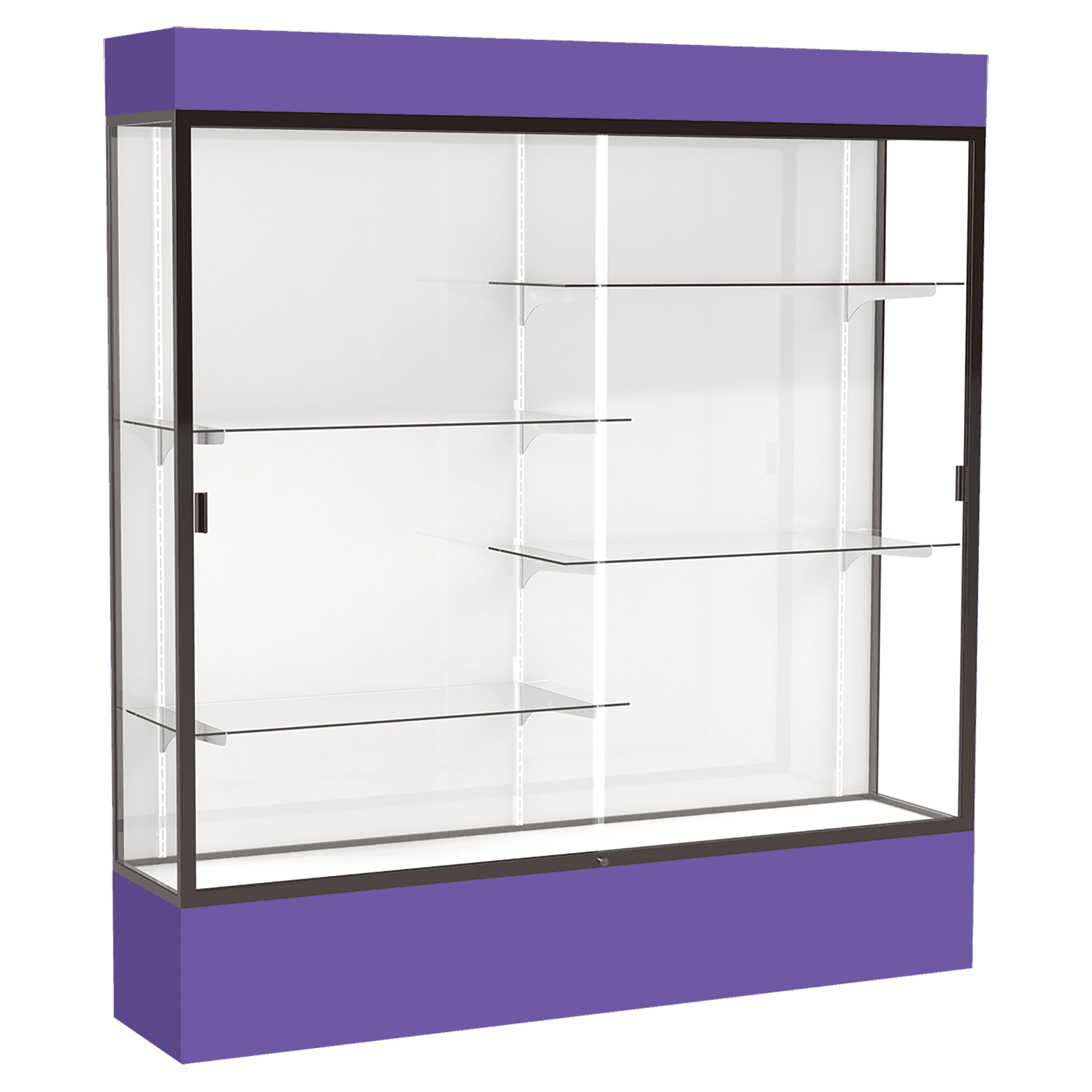80"H x 72"W x 16"D Purple Laminate Finish, White Laminate Finish Back, Bronze Aluminum Frame, Lighted, Spirit Display Case