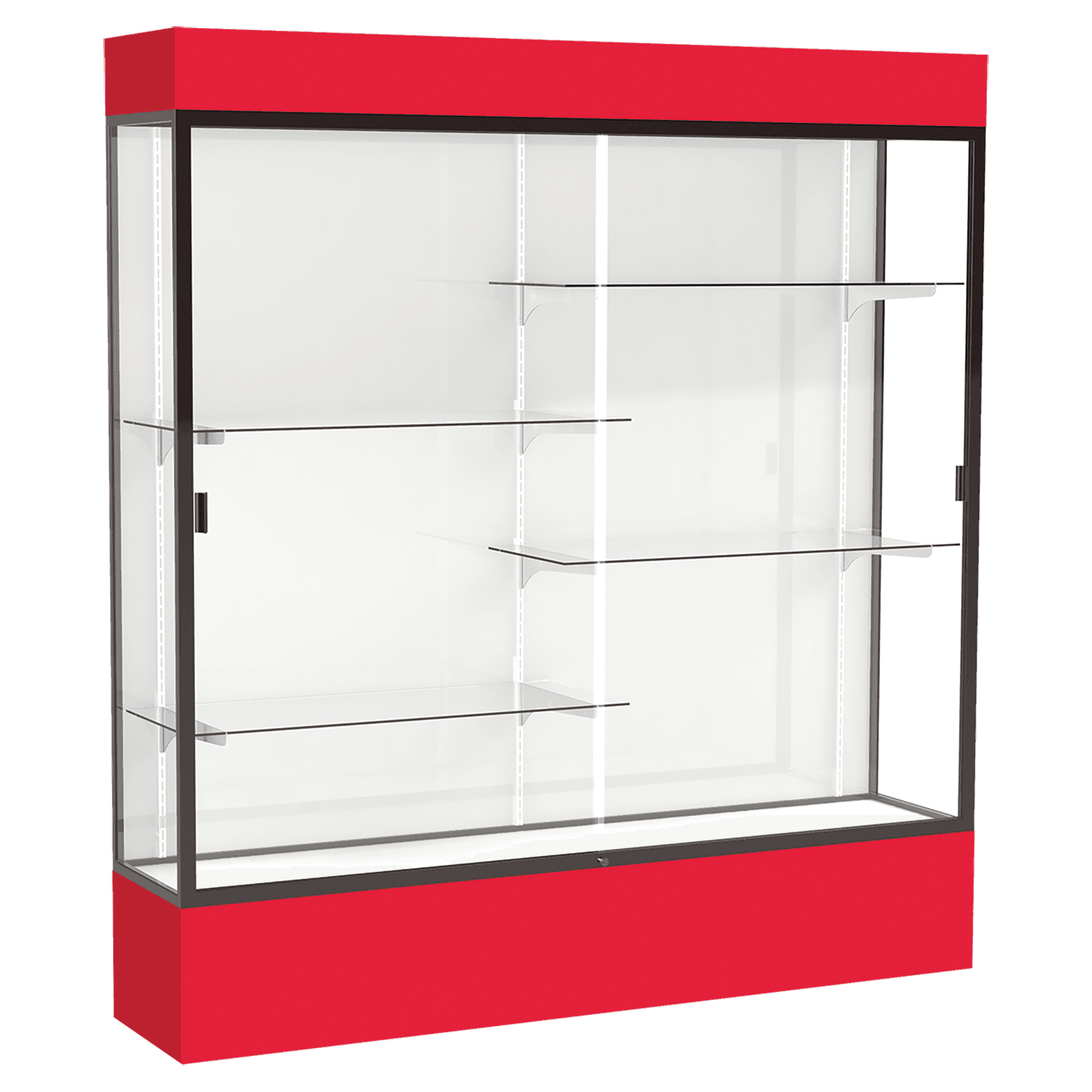 80"H x 72"W x 16"D Red Laminate Finish, White Laminate Finish Back, Bronze Aluminum Frame, Lighted, Spirit Display Case