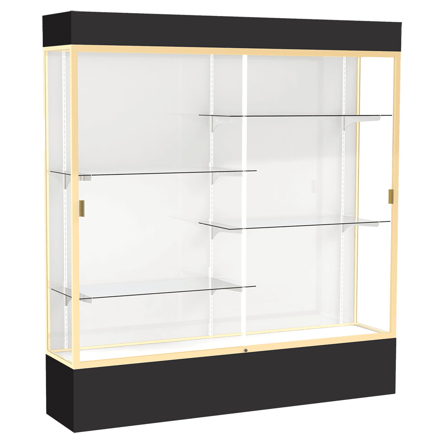 80"H x 72"W x 16"D Black Laminate Finish, White Laminate Finish Back, Champagne Aluminum Frame, Lighted, Spirit Display Case