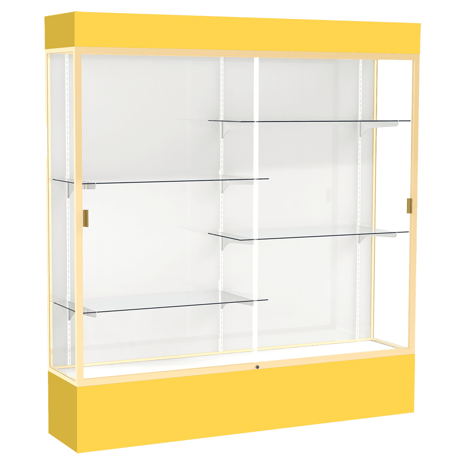 80"H x 72"W x 16"D Goldenrod Laminate Finish, White Laminate Finish Back, Champagne Aluminum Frame, Lighted, Spirit Display Case