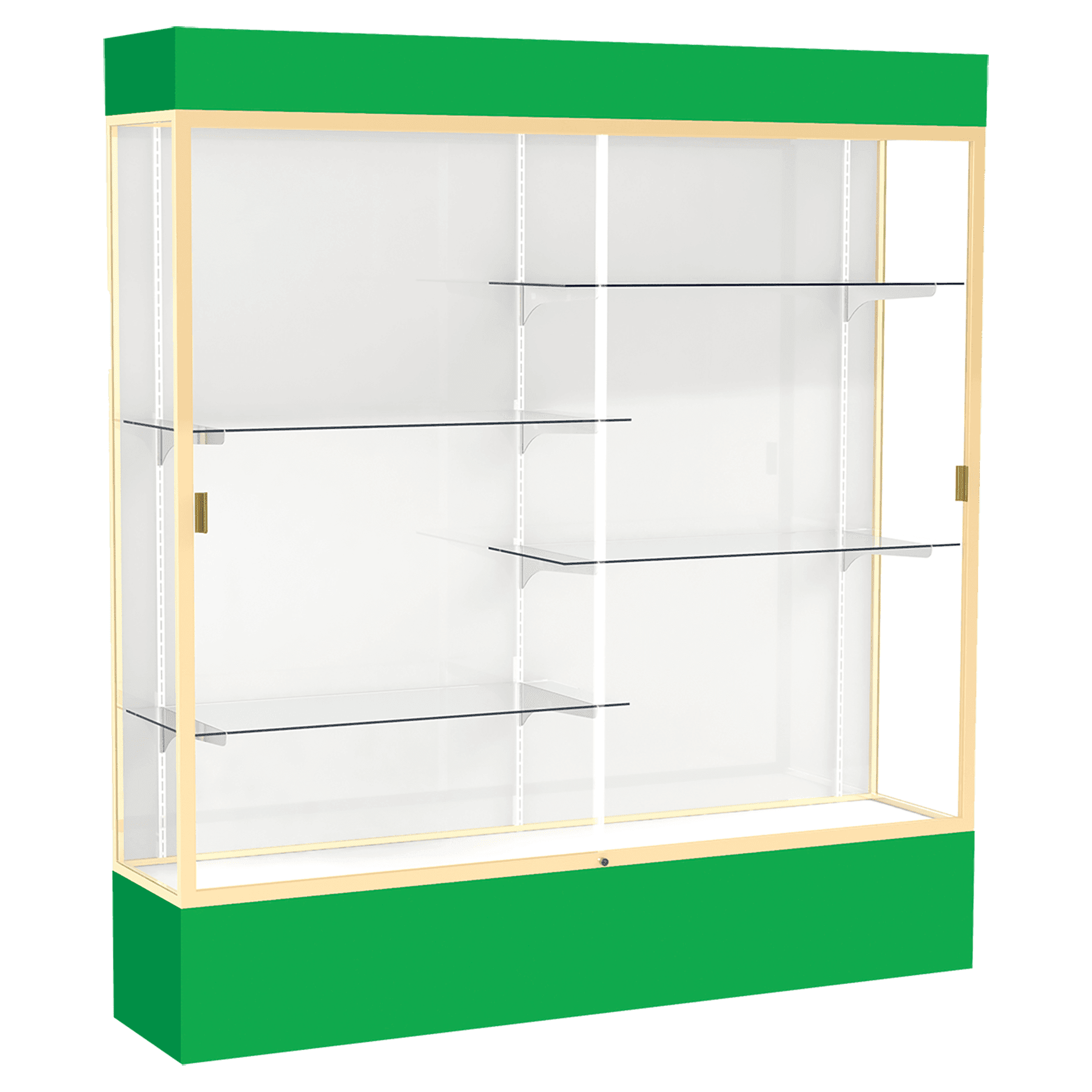 80"H x 72"W x 16"D Kelly Green Laminate Finish, White Laminate Finish Back, Champagne Aluminum Frame, Lighted, Spirit Display Case
