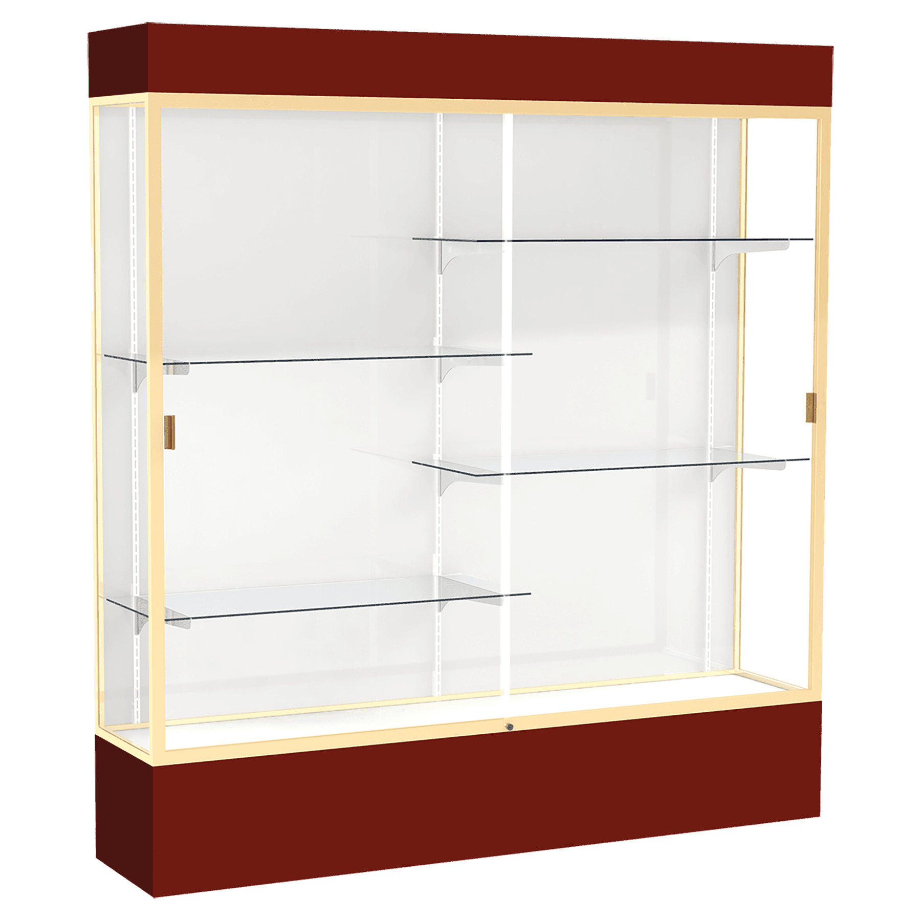 80"H x 72"W x 16"D Maroon Laminate Finish, White Laminate Finish Back, Champagne Aluminum Frame, Lighted, Spirit Display Case