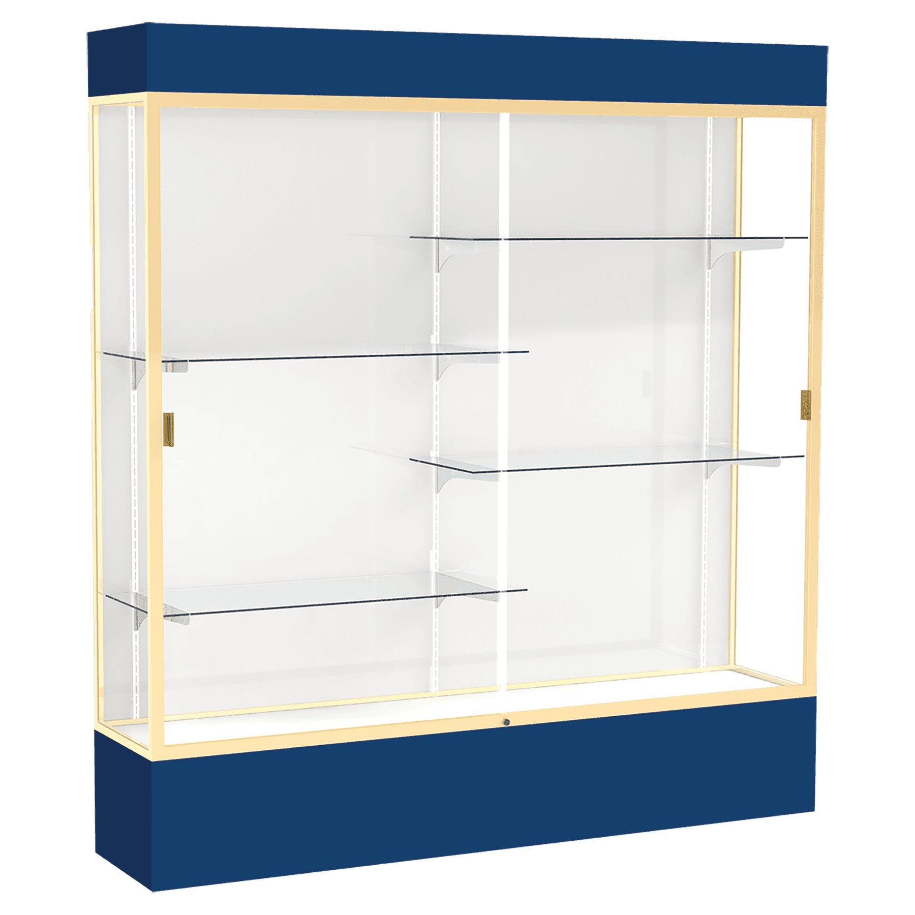 80"H x 72"W x 16"D Navy Laminate Finish, White Laminate Finish Back, Champagne Aluminum Frame, Lighted, Spirit Display Case