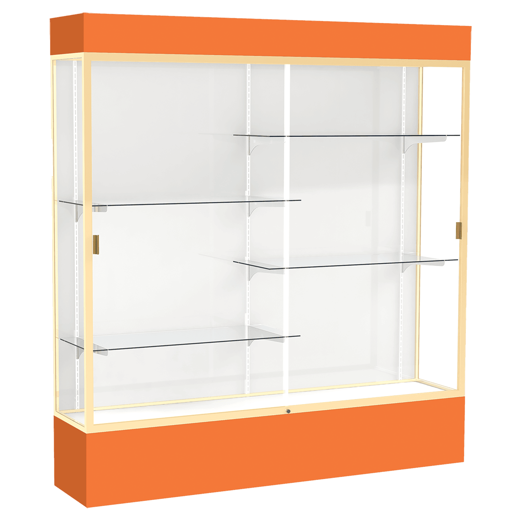 80"H x 72"W x 16"D Orange Laminate Finish, White Laminate Finish Back, Champagne Aluminum Frame, Lighted, Spirit Display Case