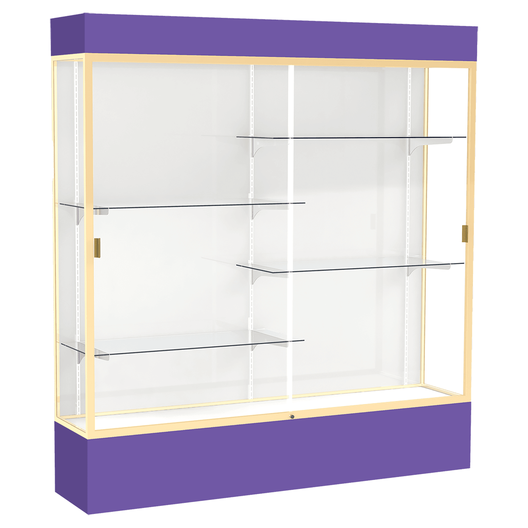 80"H x 72"W x 16"D Purple Laminate Finish, White Laminate Finish Back, Champagne Aluminum Frame, Lighted, Spirit Display Case