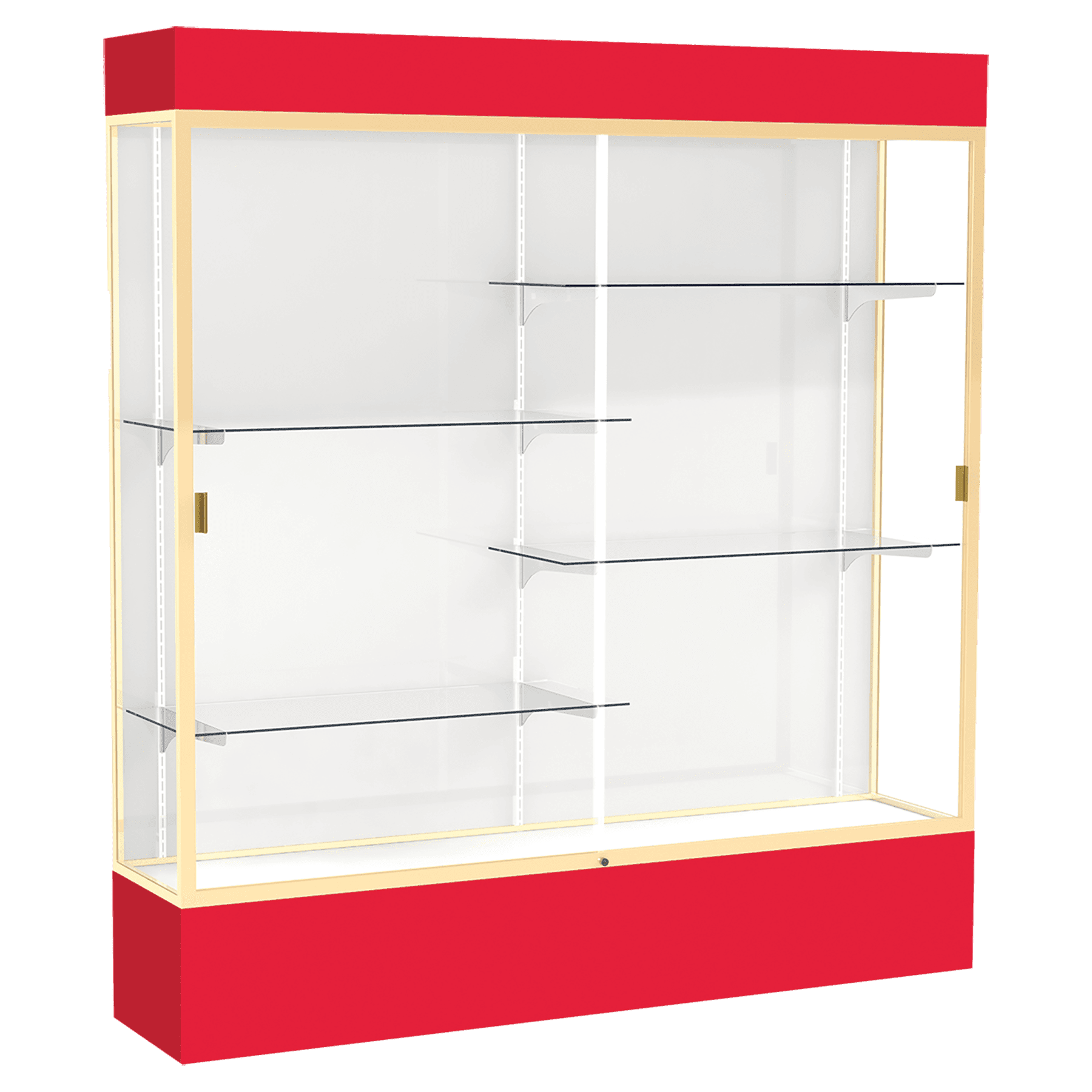 80"H x 72"W x 16"D Red Laminate Finish, White Laminate Finish Back, Champagne Aluminum Frame, Lighted, Spirit Display Case