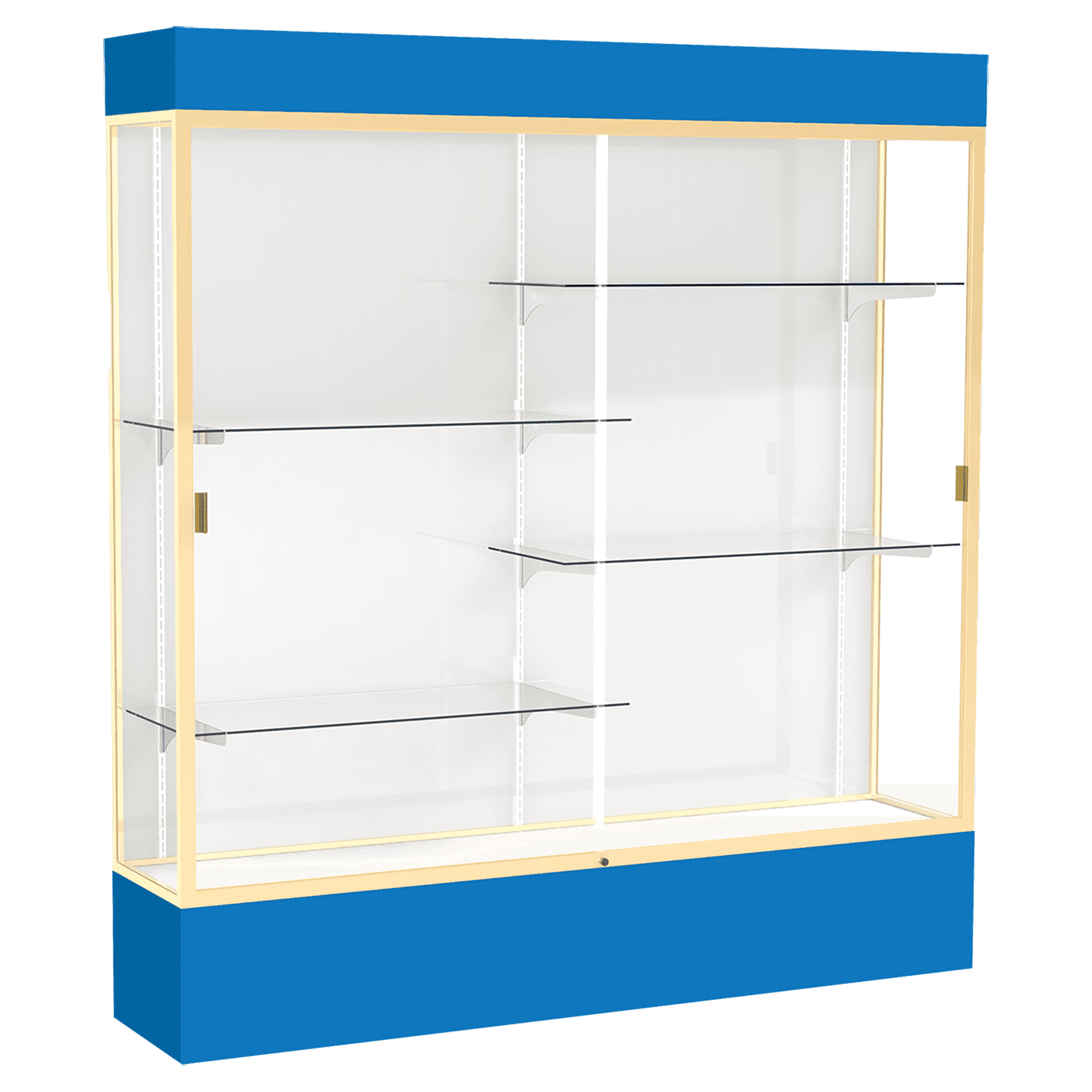 80"H x 72"W x 16"D Royal Blue Laminate Finish, White Laminate Finish Back, Champagne Aluminum Frame, Lighted, Spirit Display Case