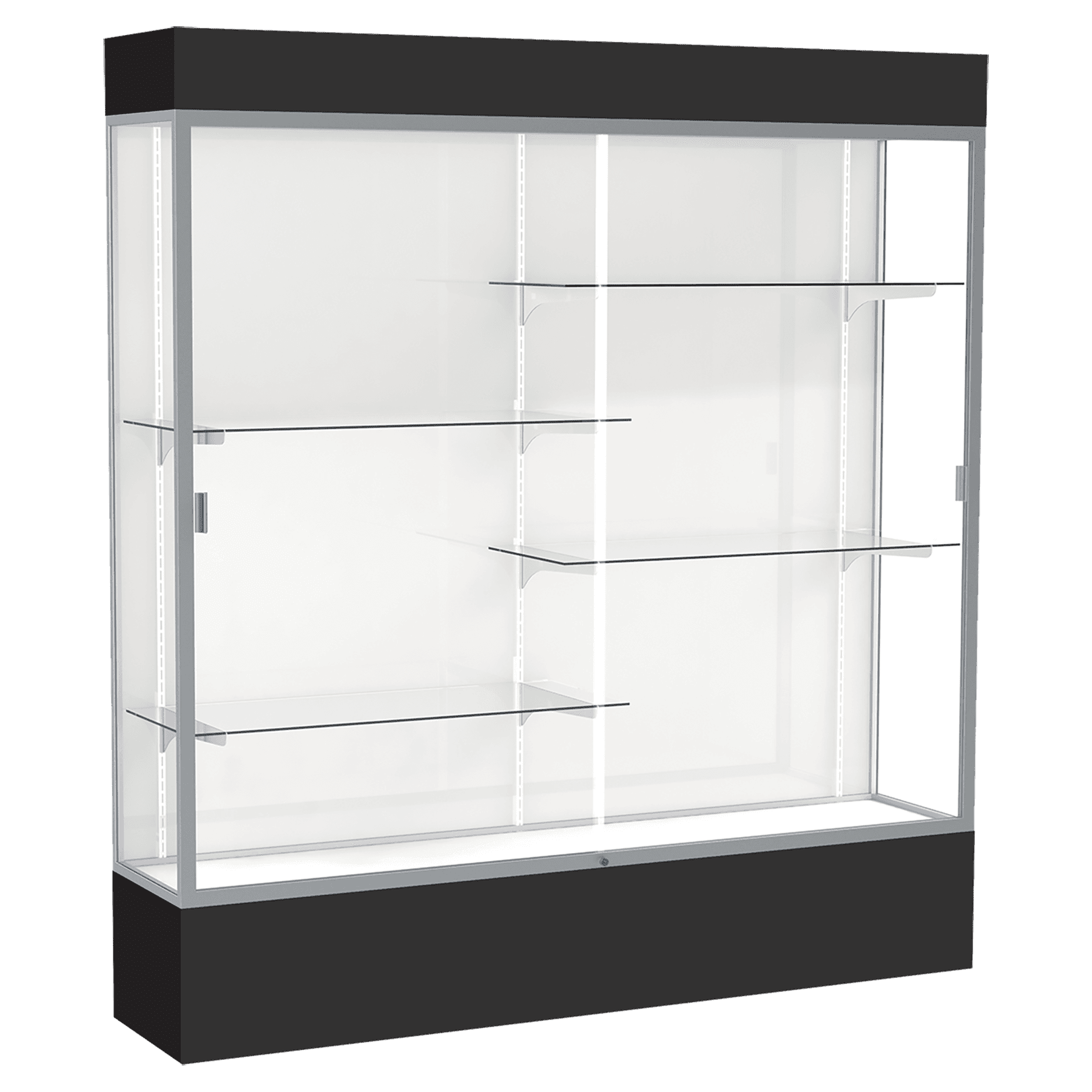 80"H x 72"W x 16"D Black Laminate Finish, White Laminate Finish Back, Satin Aluminum Frame, Lighted, Spirit Display Case