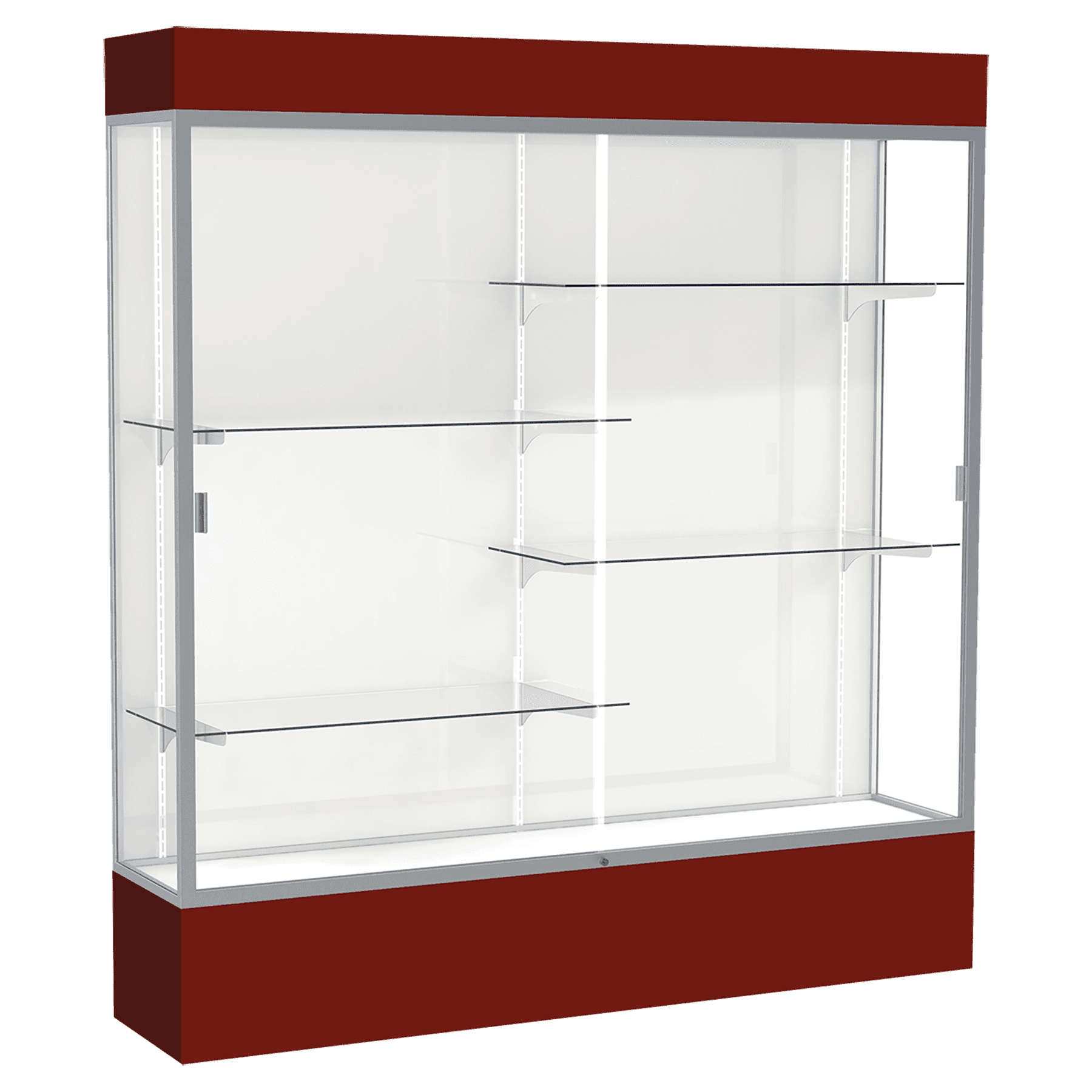 80"H x 72"W x 16"D Maroon Laminate Finish, White Laminate Finish Back, Satin Aluminum Frame, Lighted, Spirit Display Case