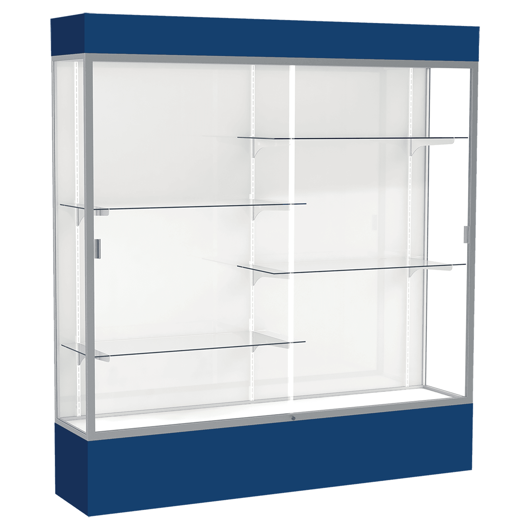 80"H x 72"W x 16"D Navy Laminate Finish, White Laminate Finish Back, Satin Aluminum Frame, Lighted, Spirit Display Case