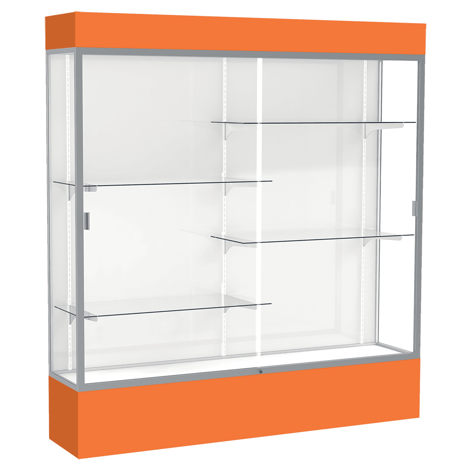 80"H x 72"W x 16"D Orange Laminate Finish, White Laminate Finish Back, Satin Aluminum Frame, Lighted, Spirit Display Case