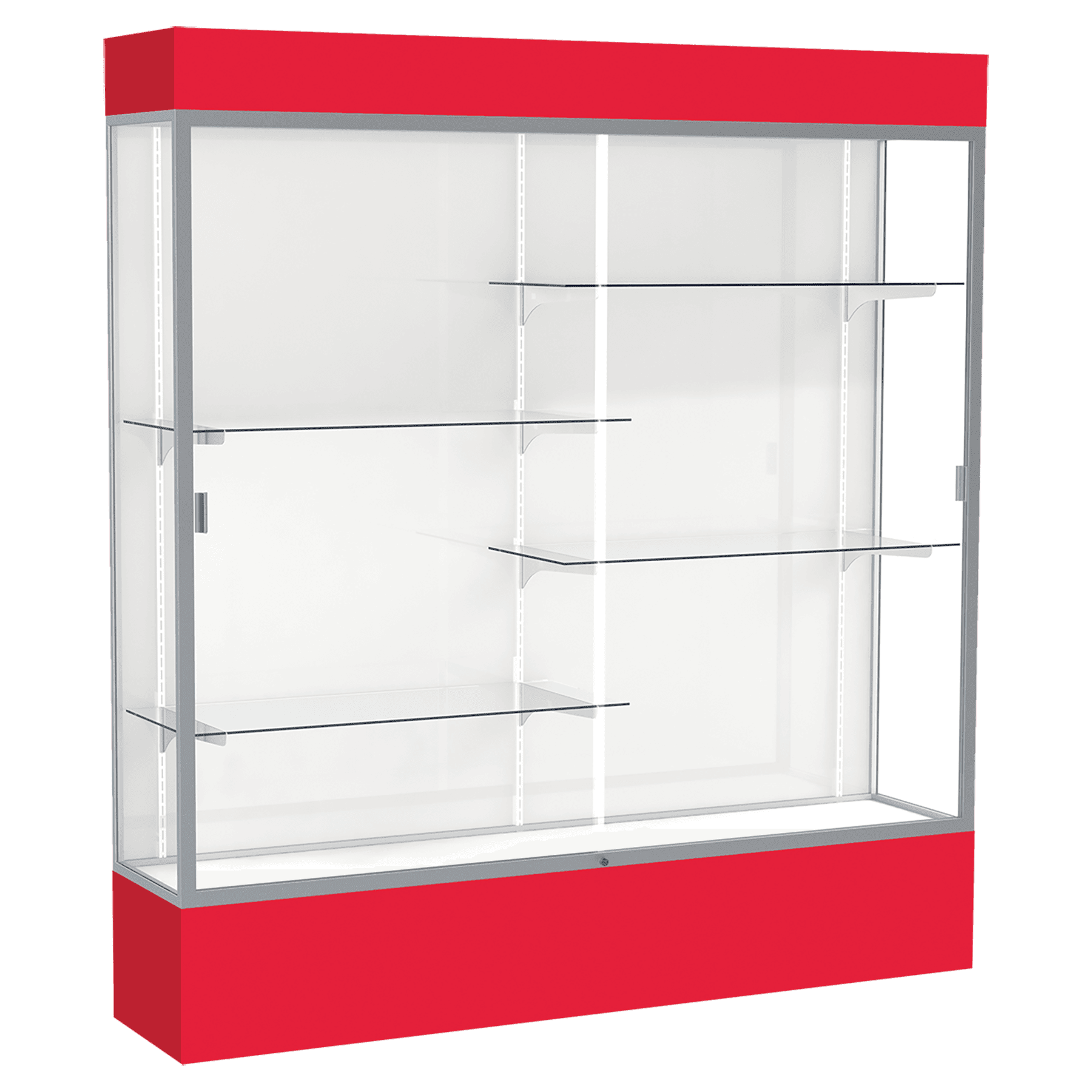80"H x 72"W x 16"D Red Laminate Finish, White Laminate Finish Back, Satin Aluminum Frame, Lighted, Spirit Display Case