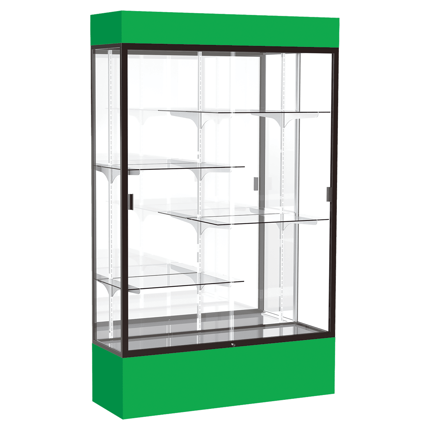 80"H x 48"W x 16"D Kelly Green Laminate Finish, Mirror Back, Bronze Aluminum Frame, Lighted, Spirit Display Case