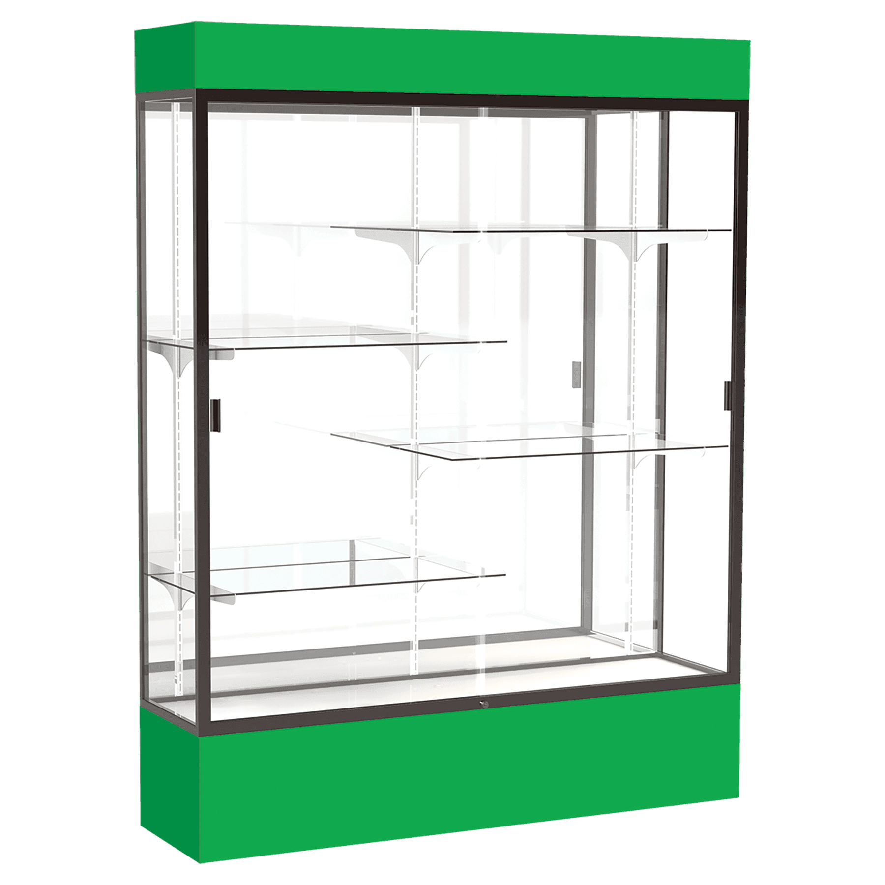 80"H x 60"W x 16"D Kelly Green Laminate Finish, Mirror Back, Bronze Aluminum Frame, Lighted, Spirit Display Case