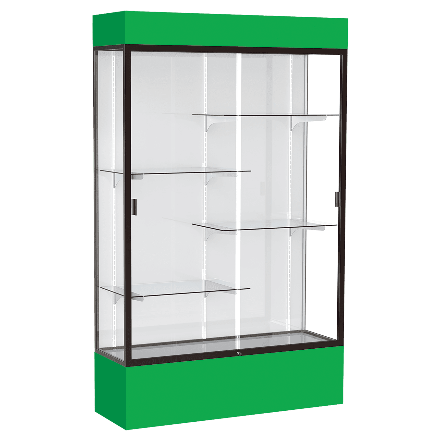 80"H x 48"W x 16"D Kelly Green Laminate Finish, White Laminate Finish Back, Bronze Aluminum Frame, Lighted, Spirit Display Case
