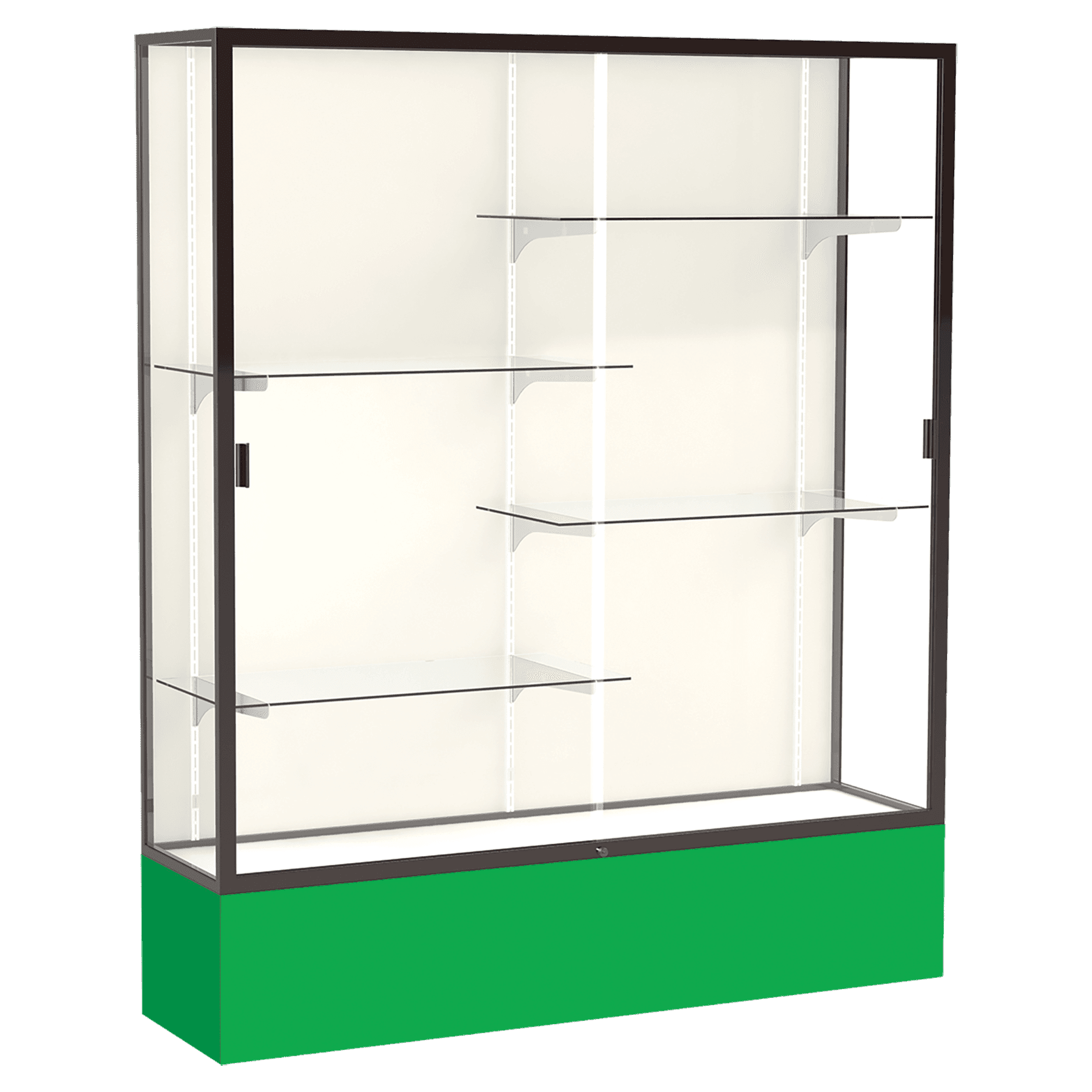 72"H x 60"W x 16"D Kelly Green Laminate Finish, Plaque Fabric Back, Bronze Aluminum Frame, Spirit Display Case